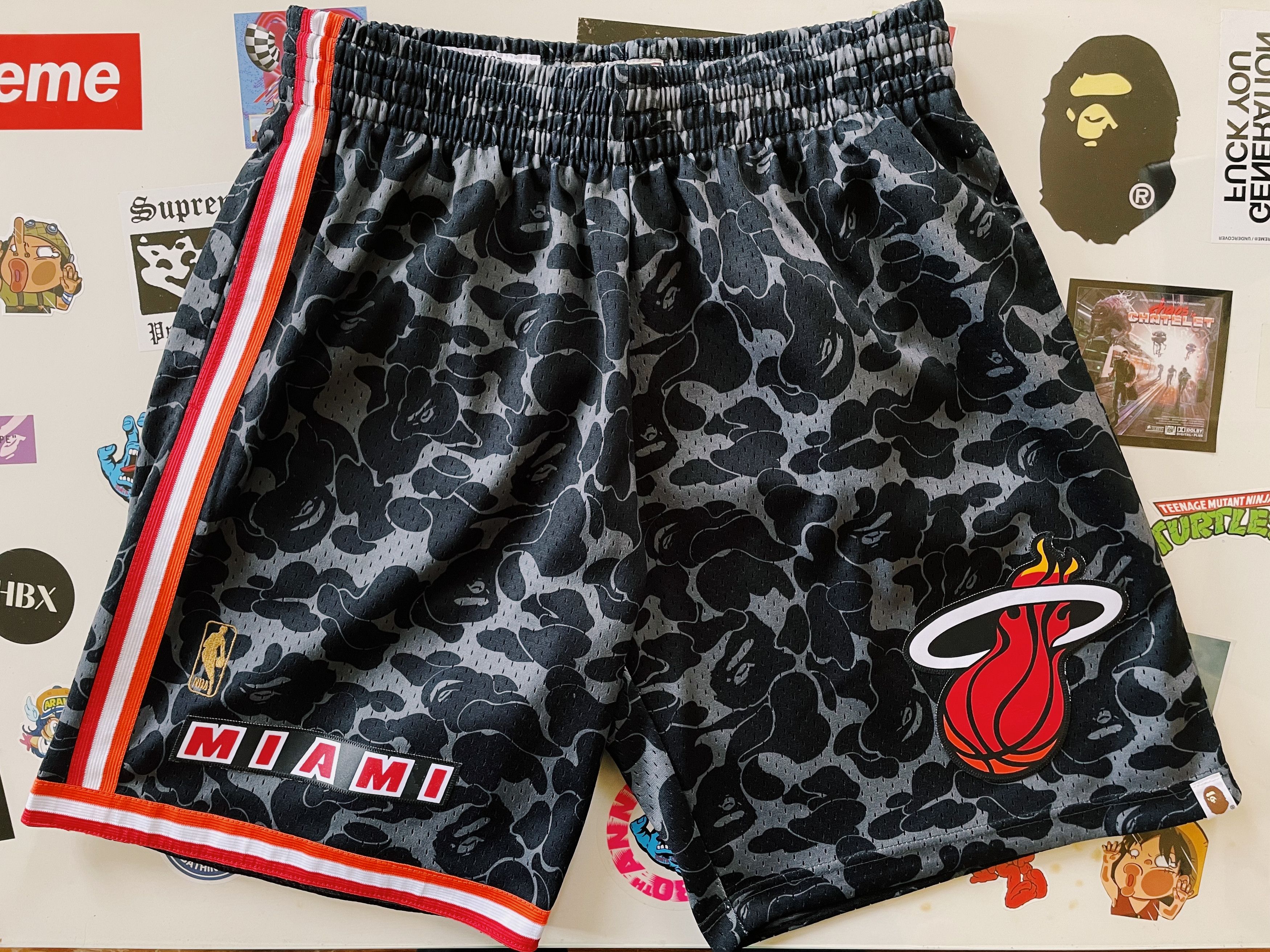 image of Bape X Mitchell & Ness Miami Heat Shorts in Black, Men's (Size 34)