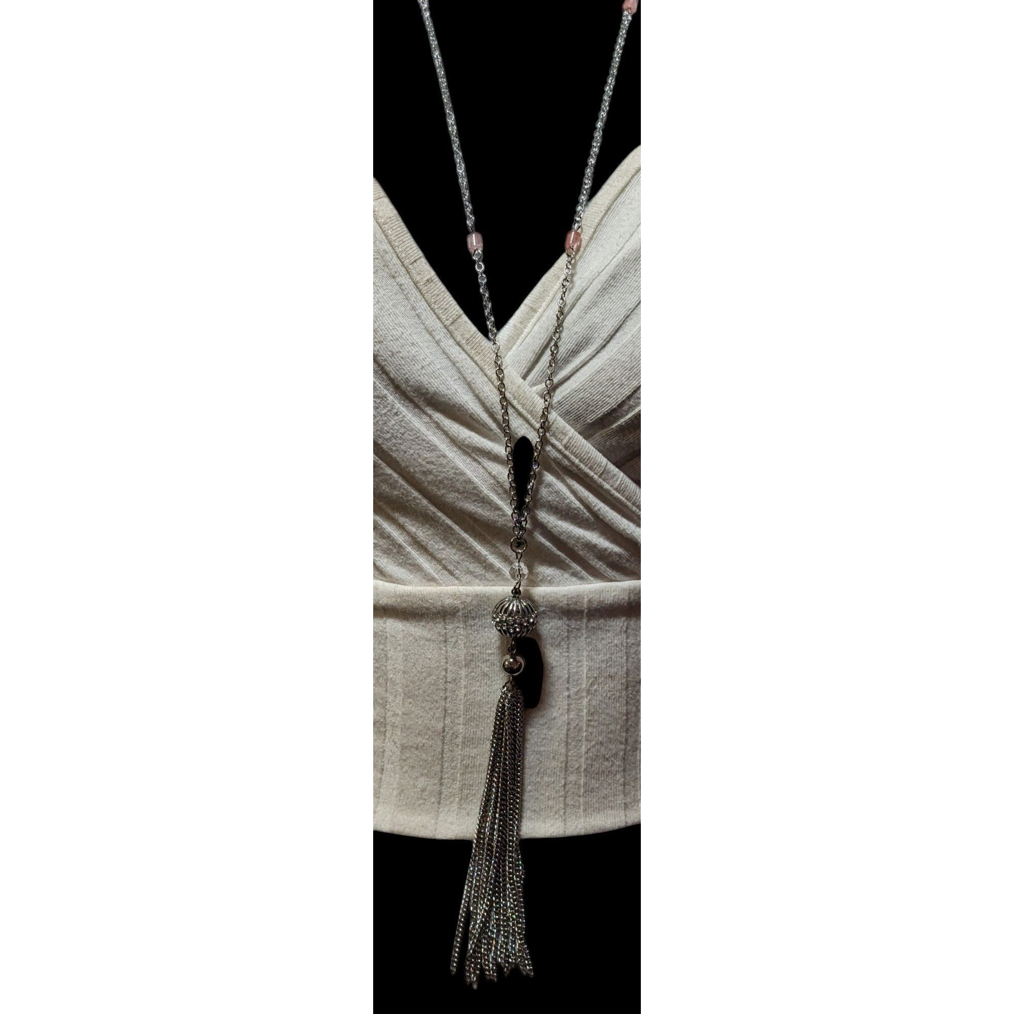 Macys Macy's Style Lab Silver Tone Pink Beaded Tassel Necklace Size ONE SIZE - 4 Thumbnail