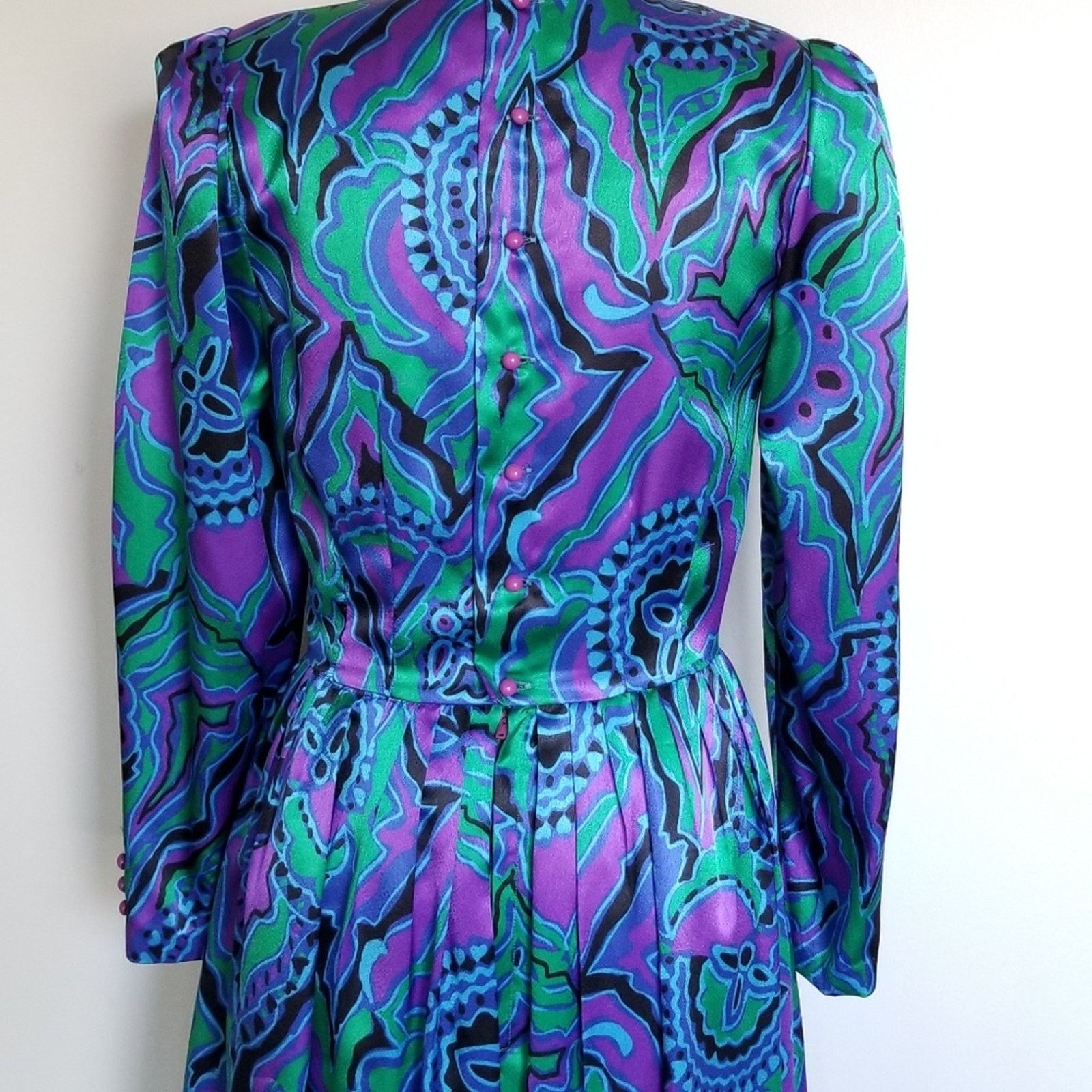 Vintage Vintage 80s silky dress blue & green paisley Size S / US 4 / IT 40 - 5 Thumbnail