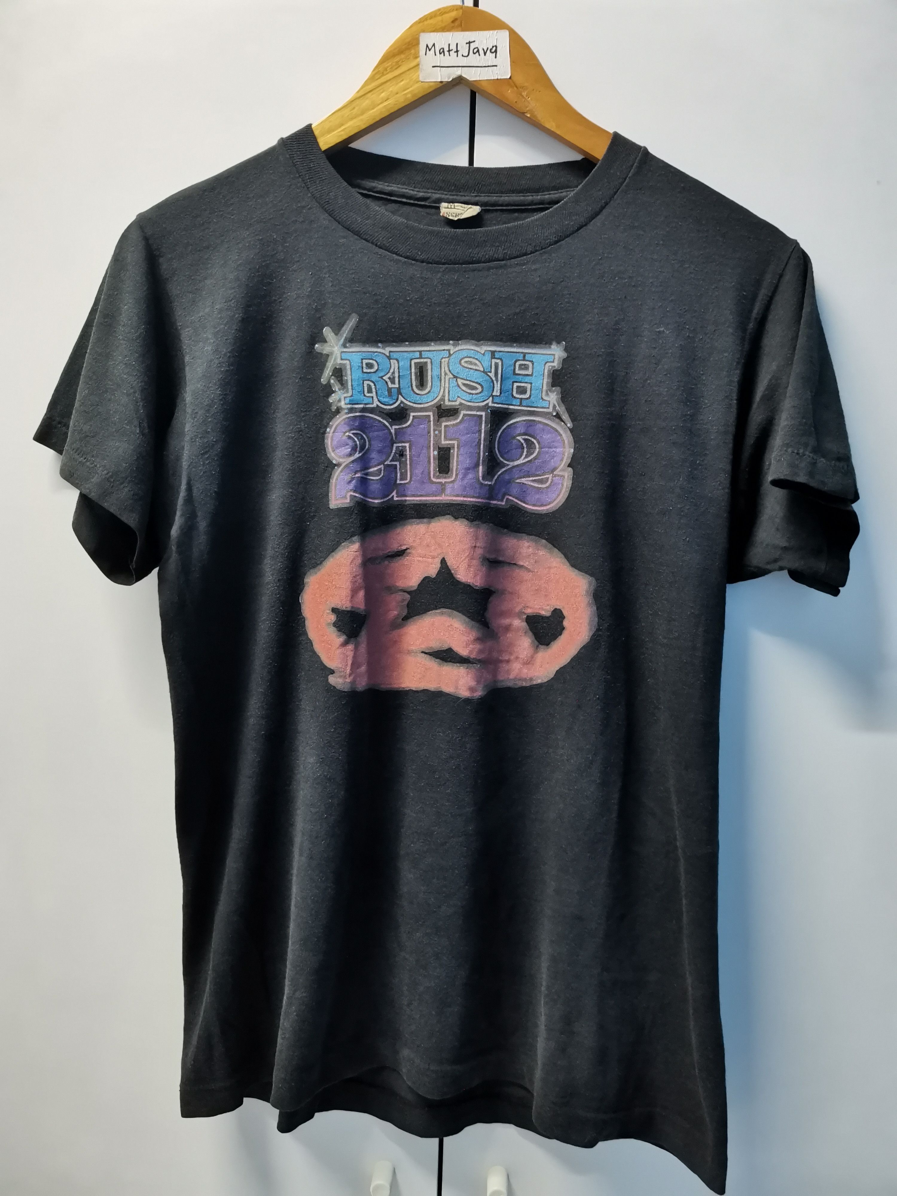 image of Band Tees x Rock Band Vintage Rush 2112 80's Rock Band Promo Tee Stitches in Black (Size Medium)