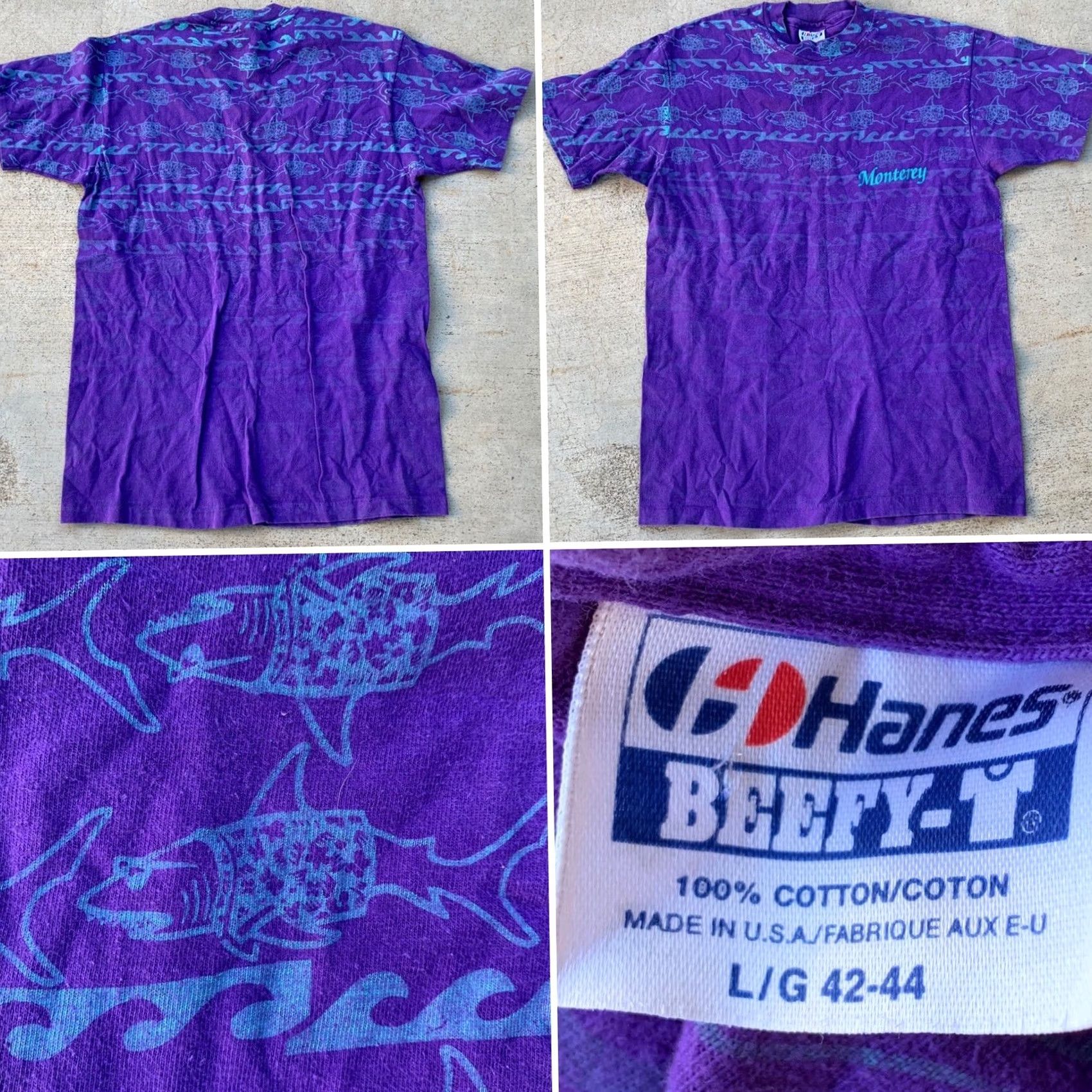 Hanes VINTAGE Monterey All Over Print Shark In Sunglasses & Shirt T-Shirt 80s 90s L Mens Purple Graphic Tee Hanes 100% Cotton Short Sleeve Sportswear/Beach Size US L / EU 52-54 / 3 - 3 Thumbnail