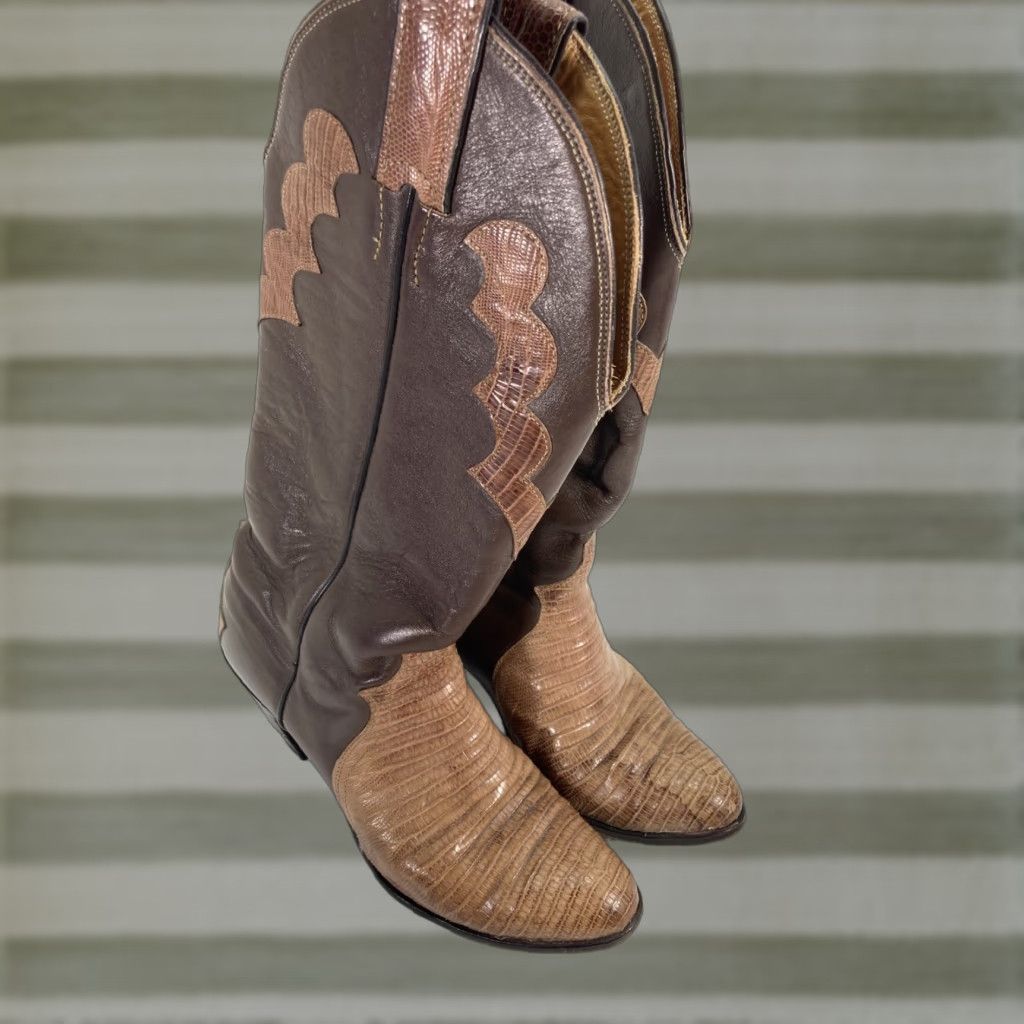 Justin Boots VINTAGE Justin Teju Lizard Boots Women 6 B Brown Leather 15 Inch 3 Inch Heel VTG Boots Mens? Size US 6 / IT 36 - 1 Thumbnail