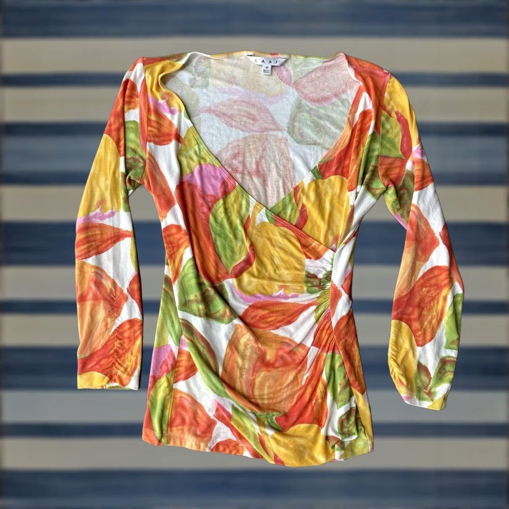 Vintage CAbi Blouse Shirt Women's Medium Tulip Print Faux Wrap Ruched 3/4 Sleeve Top White Orange Pink Yellow Green Size M / US 6-8 / IT 42-44 - 1 Thumbnail