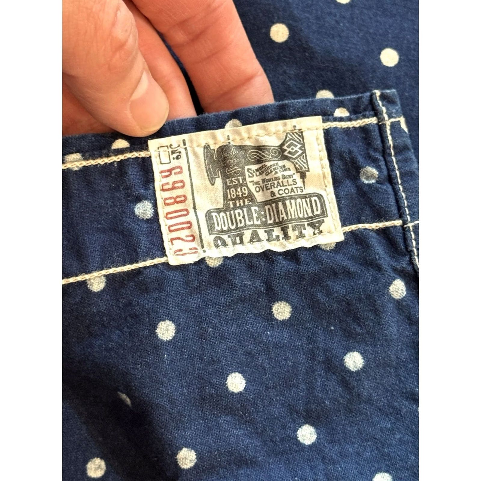 Vintage The Real McCoy’s Double Diamond Chin Strap Stifel Dot Pattern Work Shirt Size 14 Blue Cotton Polka Dot Long Sleeve Button-Up 20s 30s Mens Size US S / EU 44-46 / 1 - 6 Thumbnail