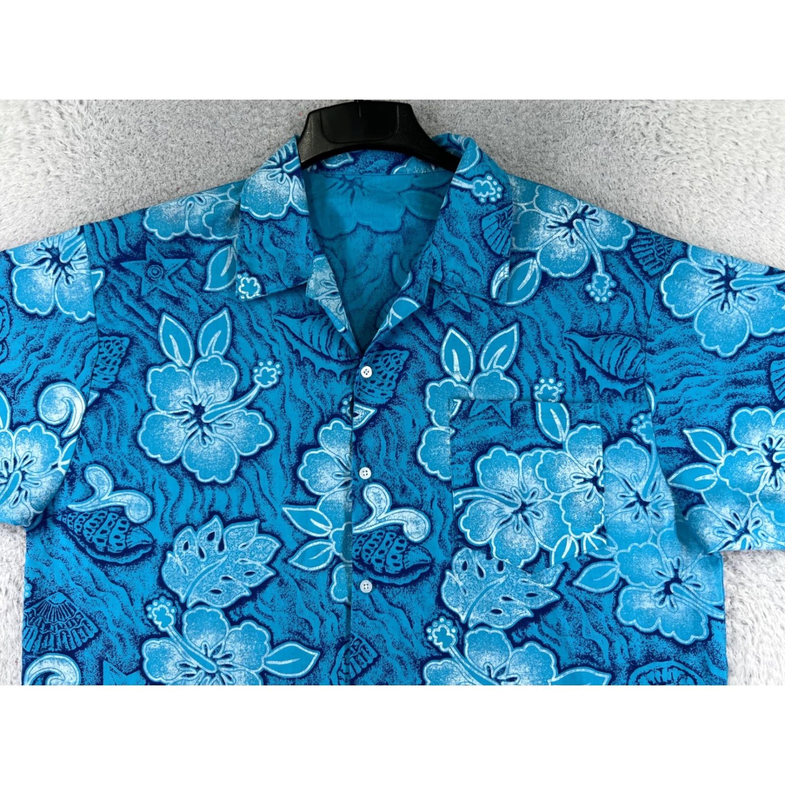 Vintage Hawaiian Shirt Men XL Blue Floral Short Sleeve Button-Up Cotton Hawaiian Mens Size US XL / EU 56 / 4 - 4 Thumbnail