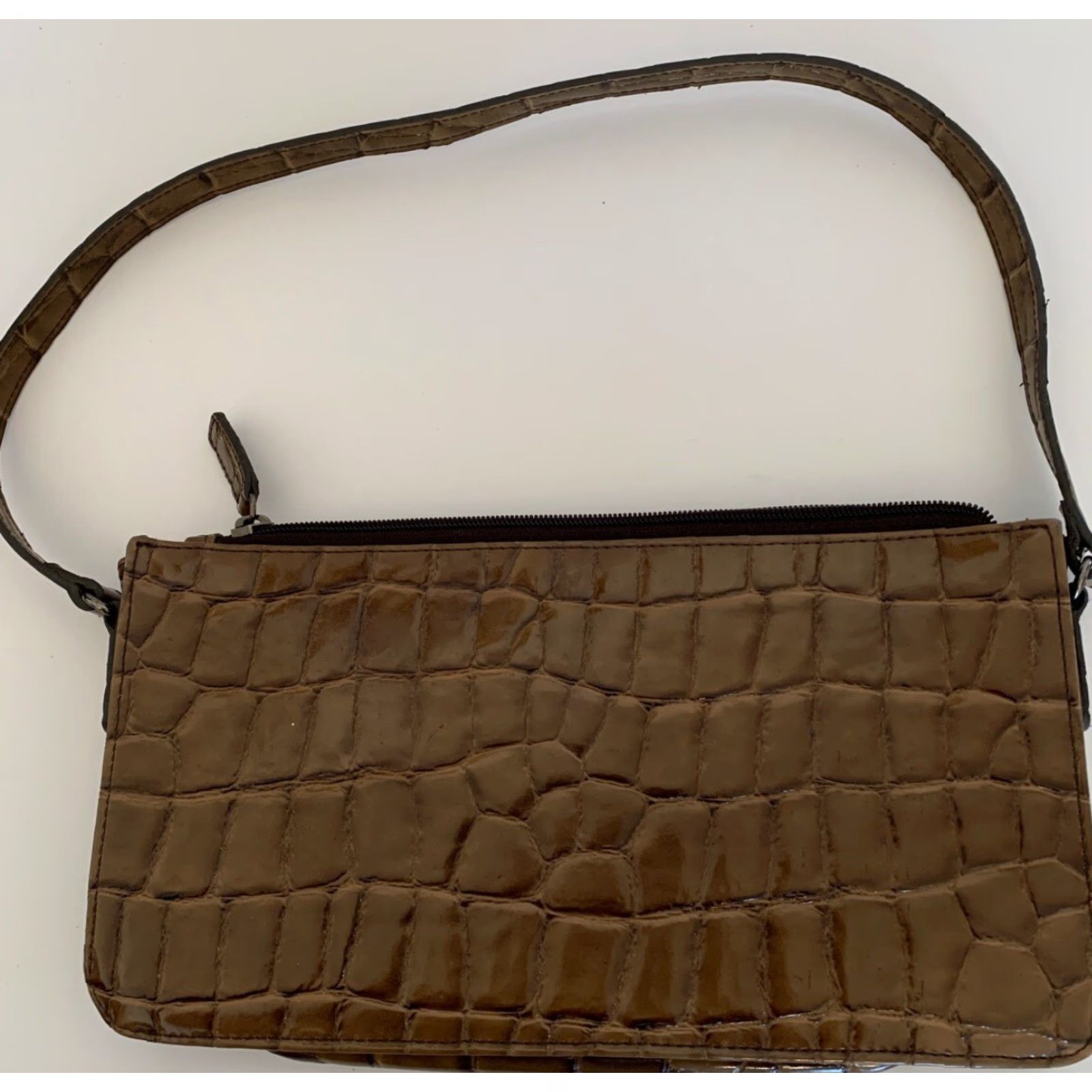 Vintage Apostrophe Purse Brown Patent Embossed Croc Faux Leather Handbag Size ONE SIZE - 7 Thumbnail