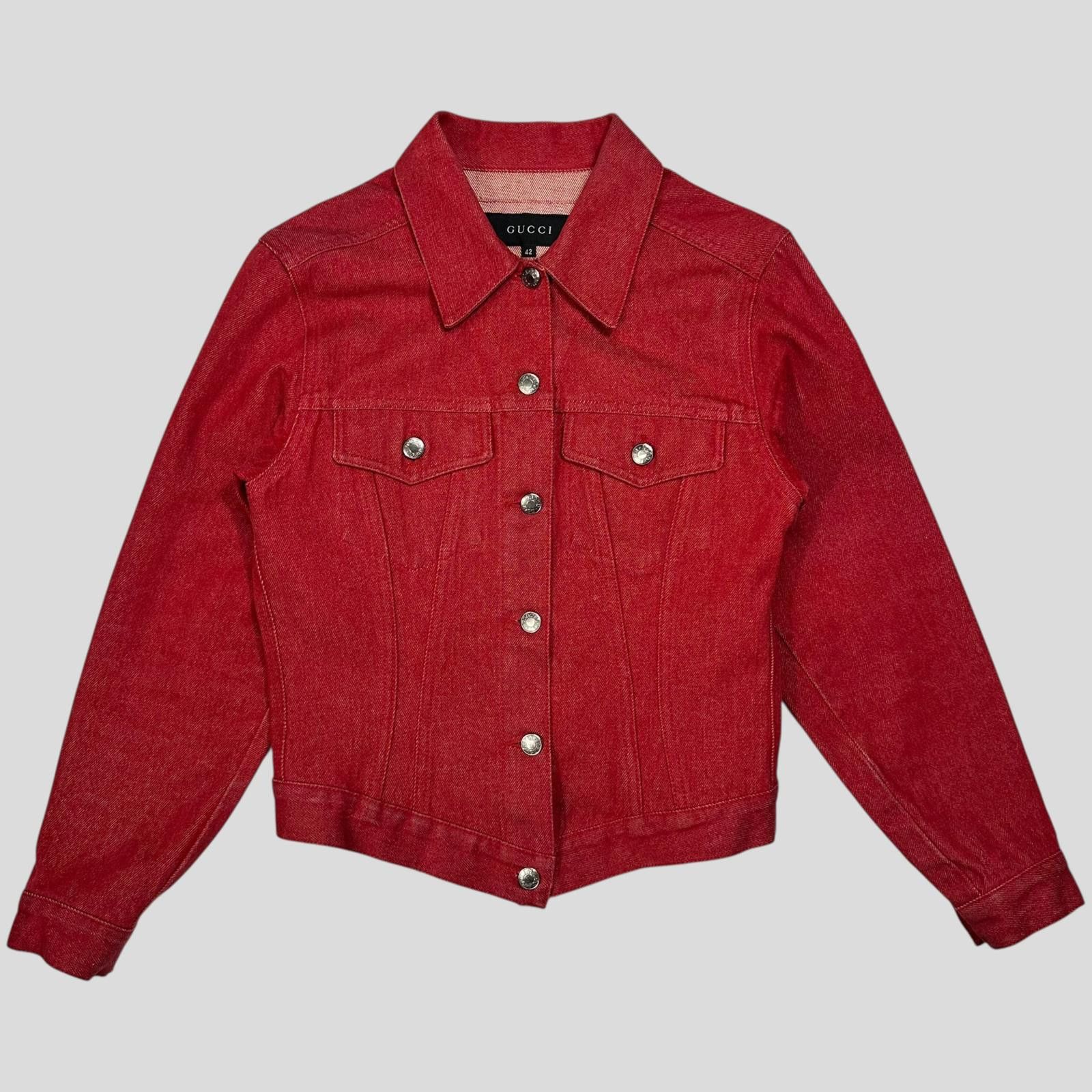 Gucci by Tom Ford 1999 Red Denim Cropped Front Drop Jacket S