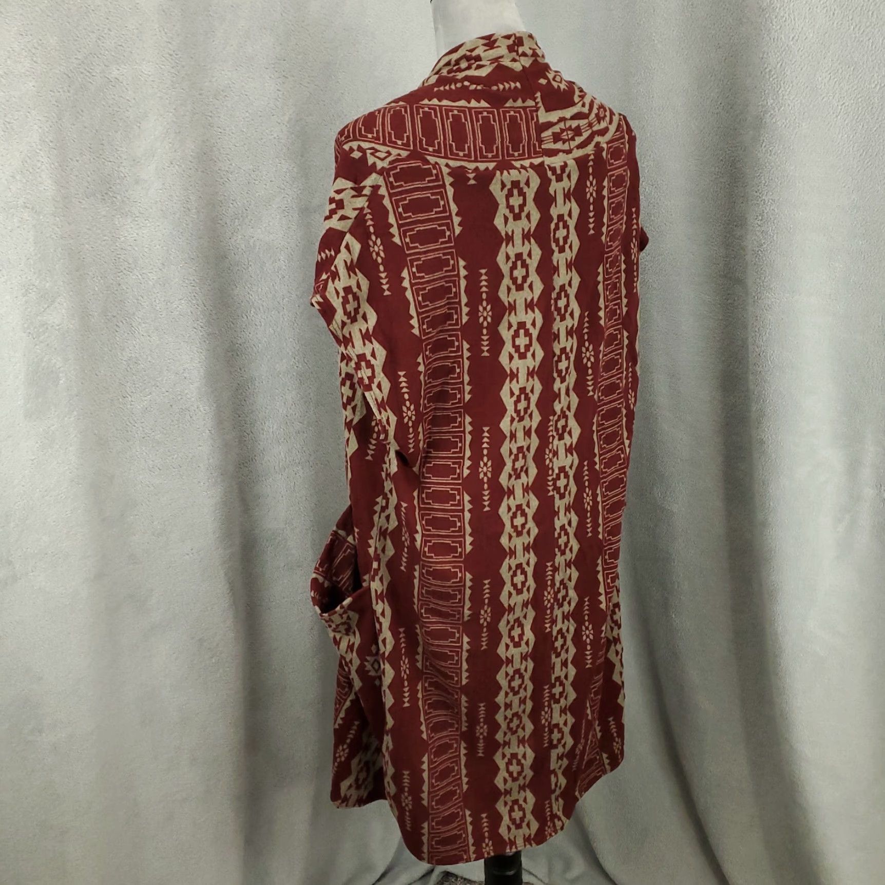 Vintage Womens Cardigan Duster Long Open Front Lighweight USA Burgundy Tan Medium Size M / US 6-8 / IT 42-44 - 3 Thumbnail