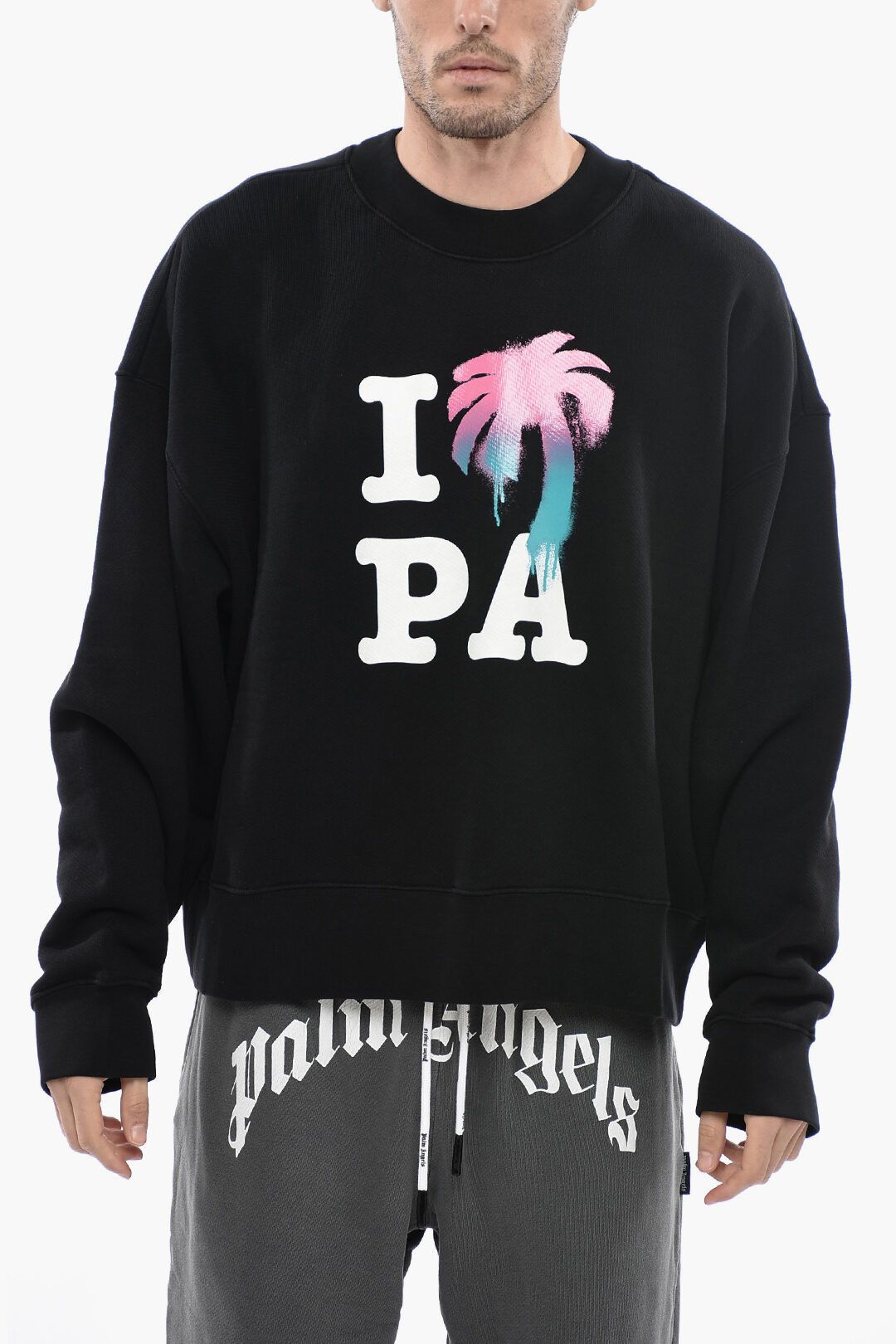 image of Palm Angels Og1Mm0524 I Love Palm Crewneck Sweatshirt In Black, Men's (Size Small)