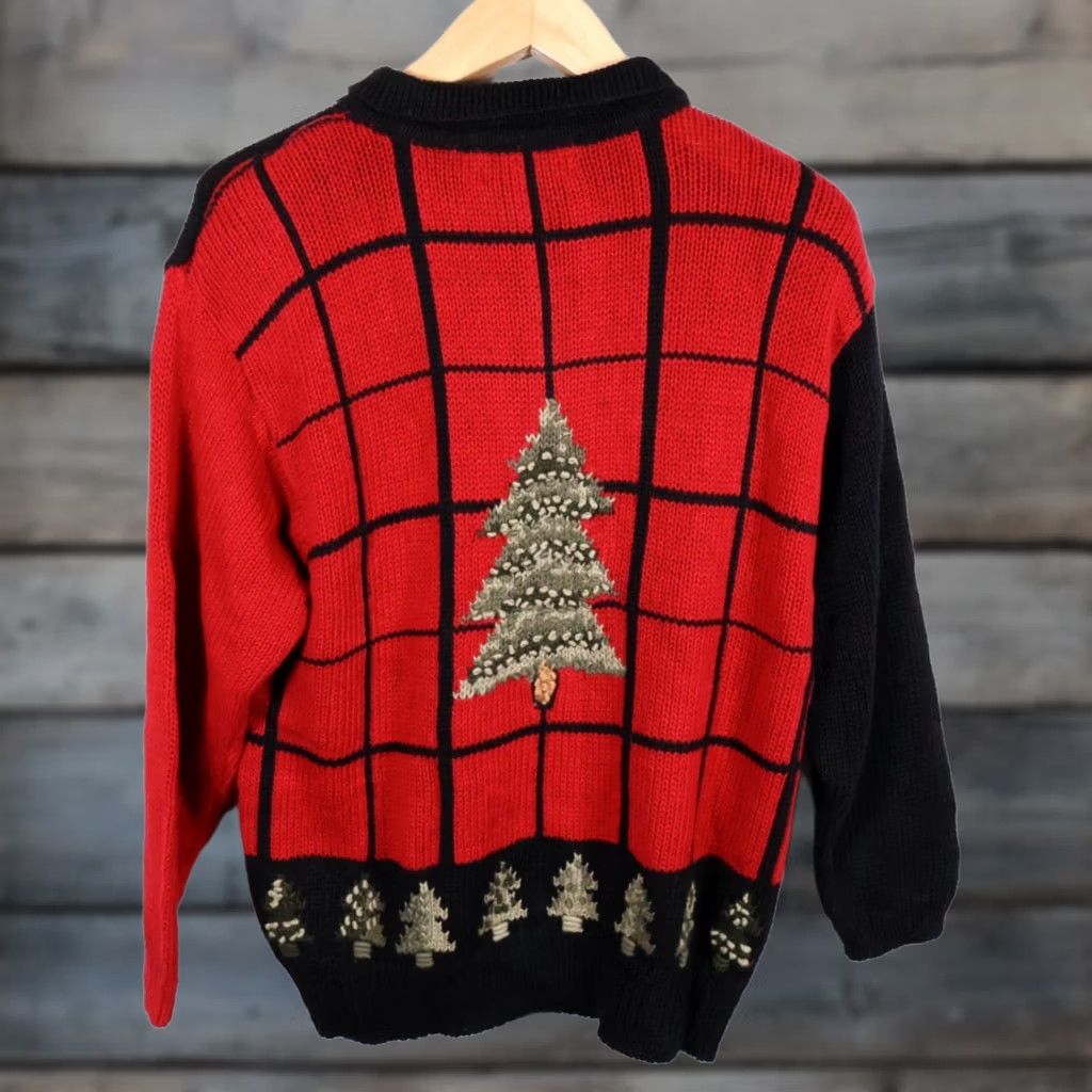 Vintage VINTAGE Venezia Cardigan Women's Red Black Full Zip Sweater 14 / 16 90s Christmas Tree Motif Size XXL / US 16-18 / IT 52-54 - 1 Thumbnail