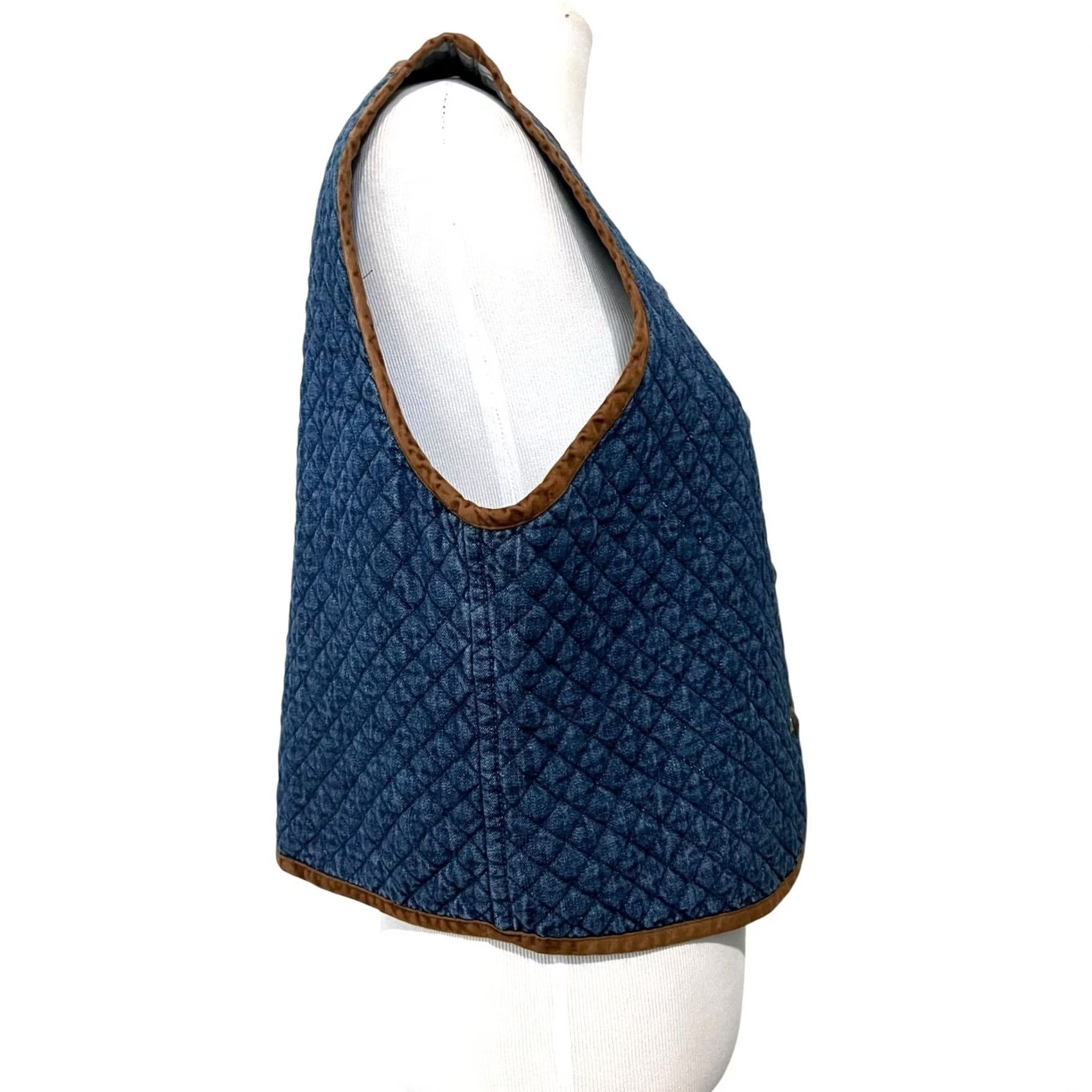 Denime Signature by Jerell Vintage Womens Denim Diamond Quilted Vest Blue Brown Trim Cotton Made USA Sz L Size L / US 10 / IT 46 - 6 Thumbnail