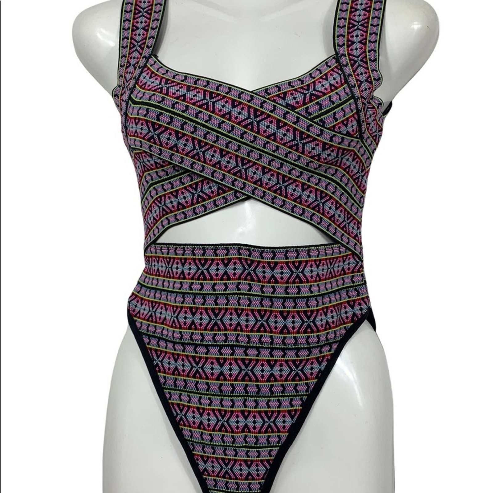 Asos ASOS Multicolor Tribal Criss Cross Cutout One Piece Swimsuit Size S / US 4 / IT 40 - 2 Thumbnail