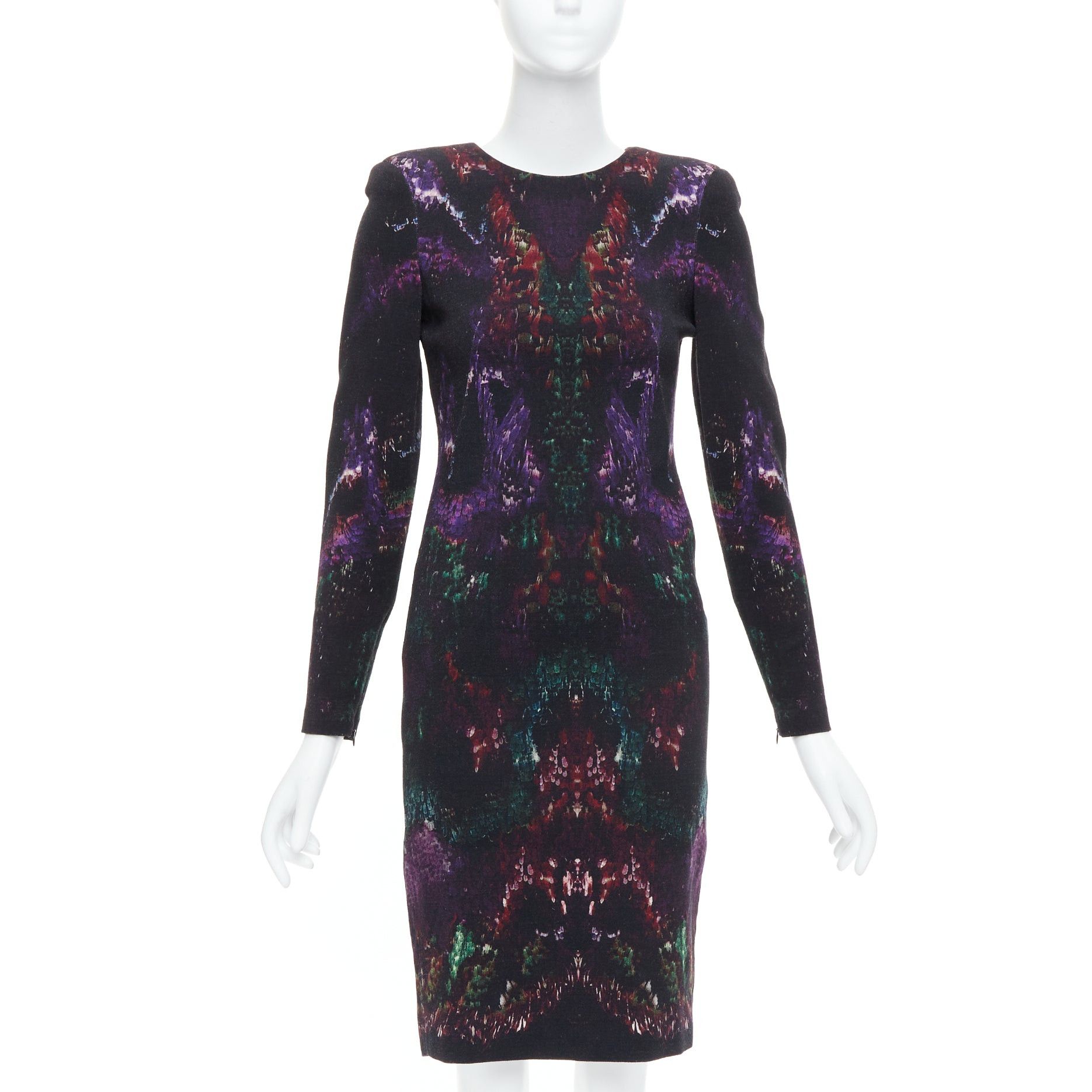 ALEXANDER MCQUEEN 2014 black purple wool blend feather print sheath dress IT38 XS