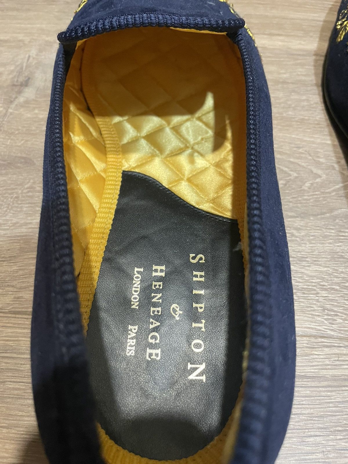 Shipton & Heneage Blue velvet Albert slipper/loafer gold tulip Size US 13 / EU 46 - 5 Thumbnail