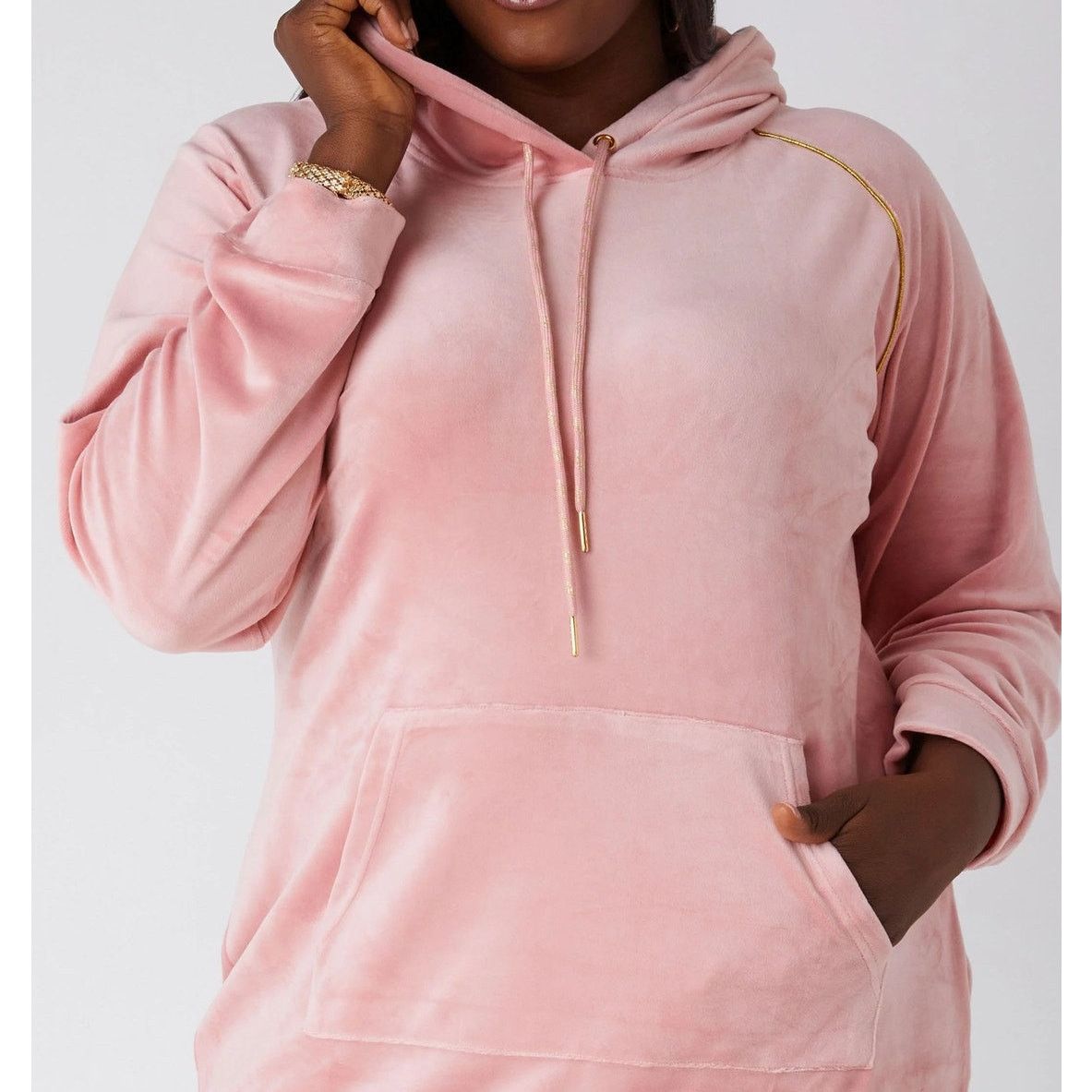 Other Women's 14/16 1X Pink Hooded Stretch Velour Dress Loungewear Size XL / US 12-14 / IT 48-50 - 4 Thumbnail