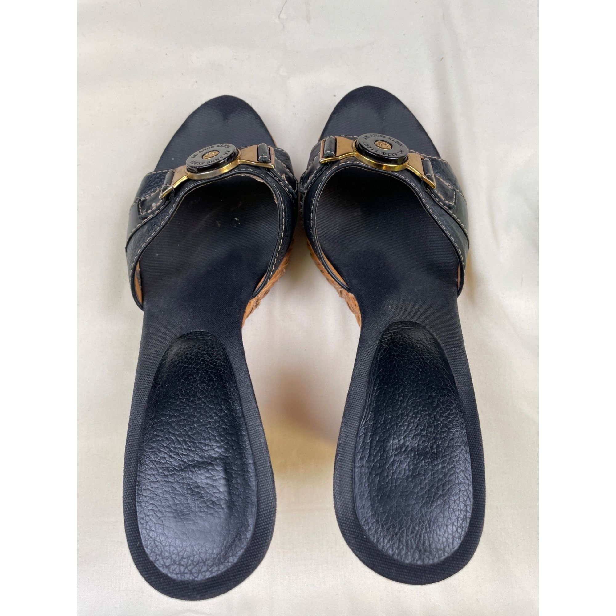 Anne Klein Anne Klein Women's Black Leather Wedged Heel 3.75" Sandals/S Size US 8 / IT 38 - 7 Thumbnail