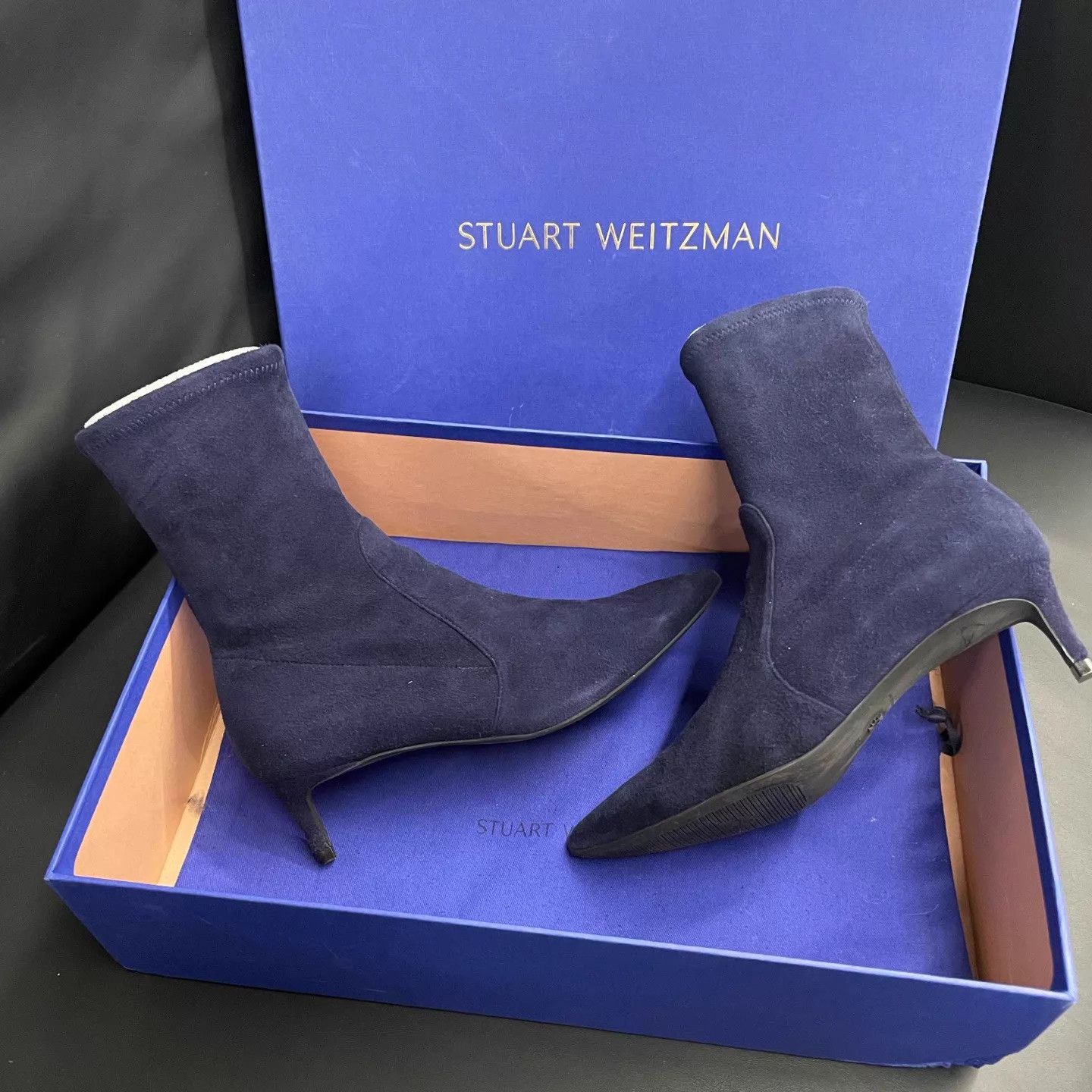 Stuart Weitzman SW Suede Pointed Toe Navy Sock Boot EUR 36.5 Size US 6 / IT 36 - 3 Thumbnail