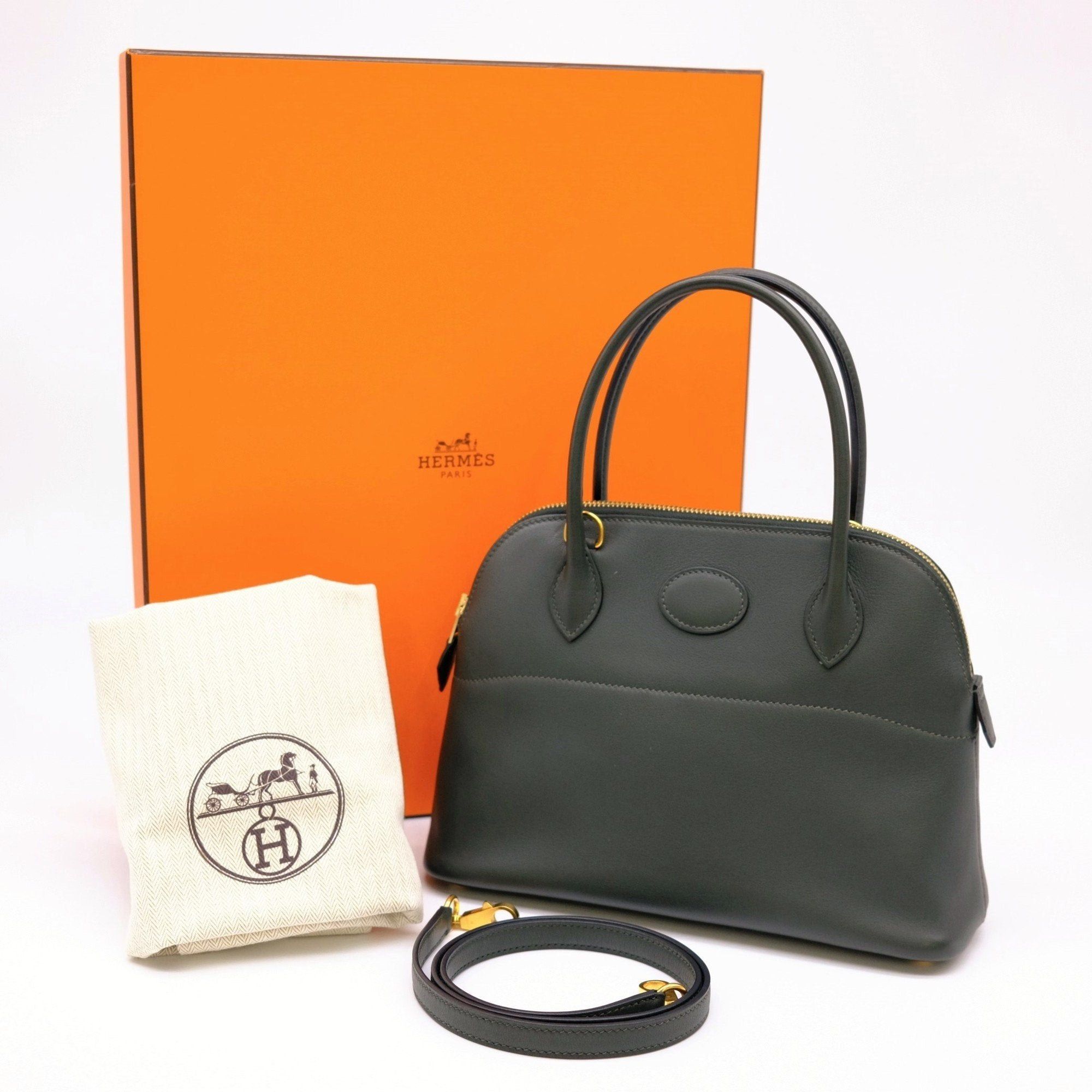 image of Hermes Bolide 27 Handbag In Swift Leather Vert Fonce Dark Green in Black, Women's