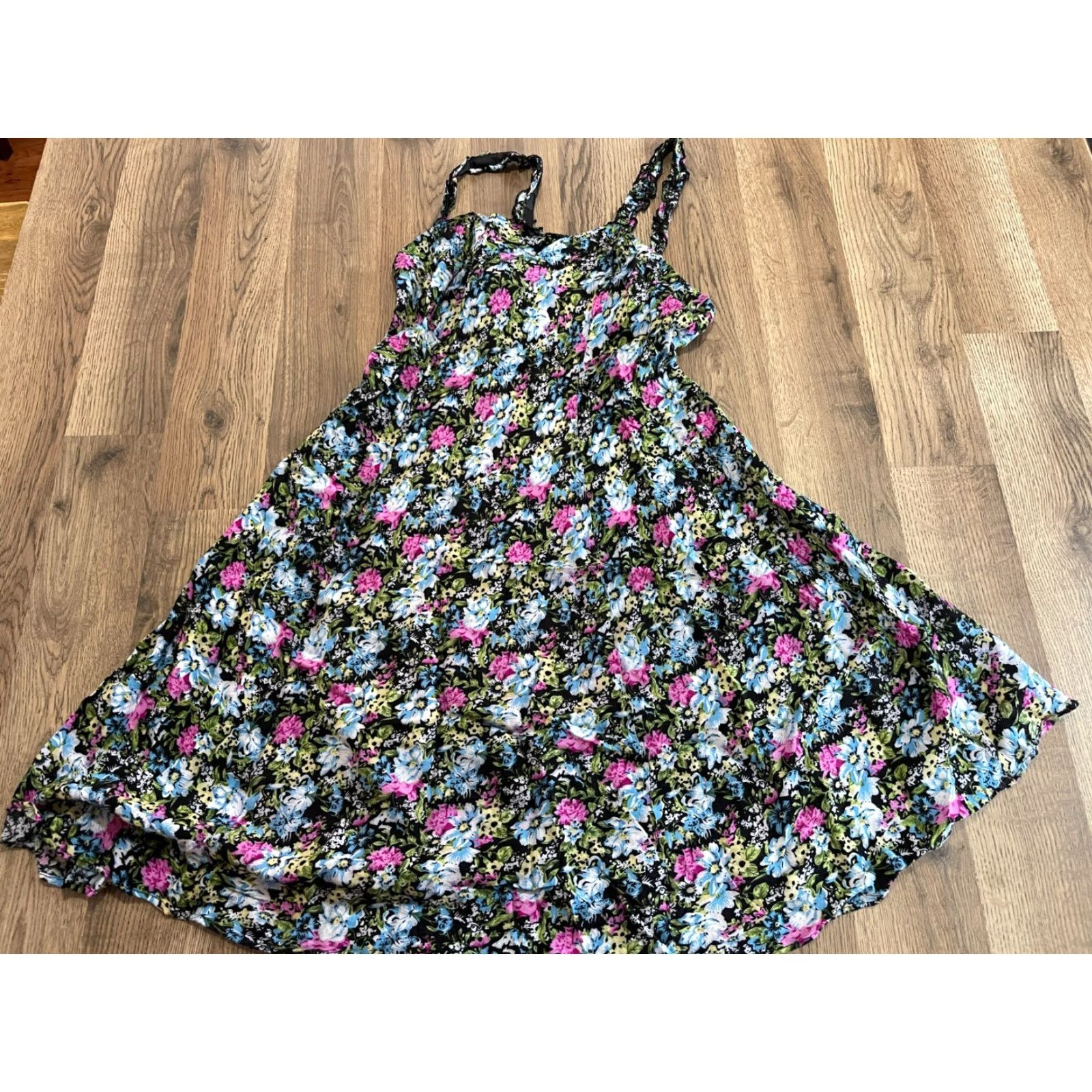Vintage Karin Stevens Dress, Womens 10, Floral, A-Line, Spaghetti Strap, Sleeveless, Casual, Pink, Black Blue, 10, Regular, Women, Flower, Dress Size L / US 10 / IT 46 - 2 Thumbnail