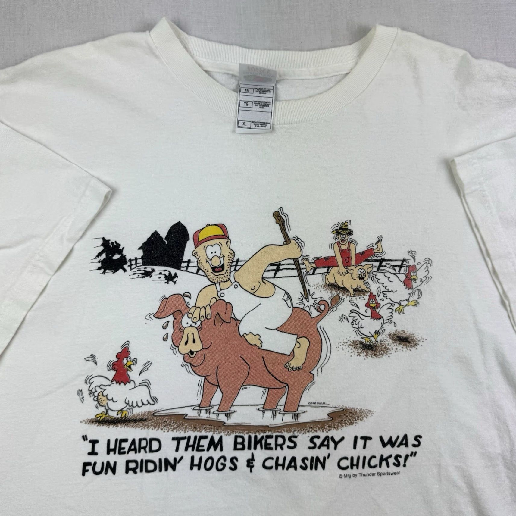 Fruit Of The Loom VINTAGE Funny Redneck T Shirt Adult XL Riding Hogs Chasing Chicks Bikers Humor Shirt Mens XL White Graphic Print Size US XL / EU 56 / 4 - 3 Thumbnail