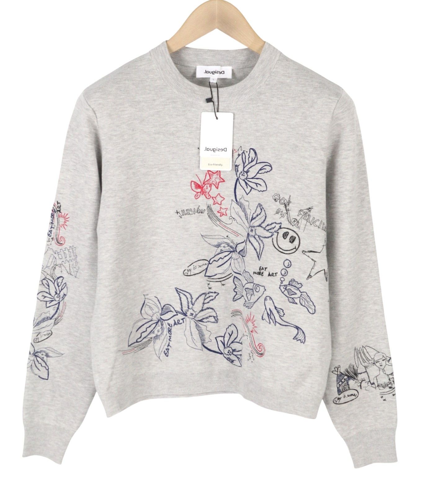 Desigual JERS LAIA L Grey Melange Embroidered Knit Jumper 88767 Size L / US 10 / IT 46 - 4 Thumbnail