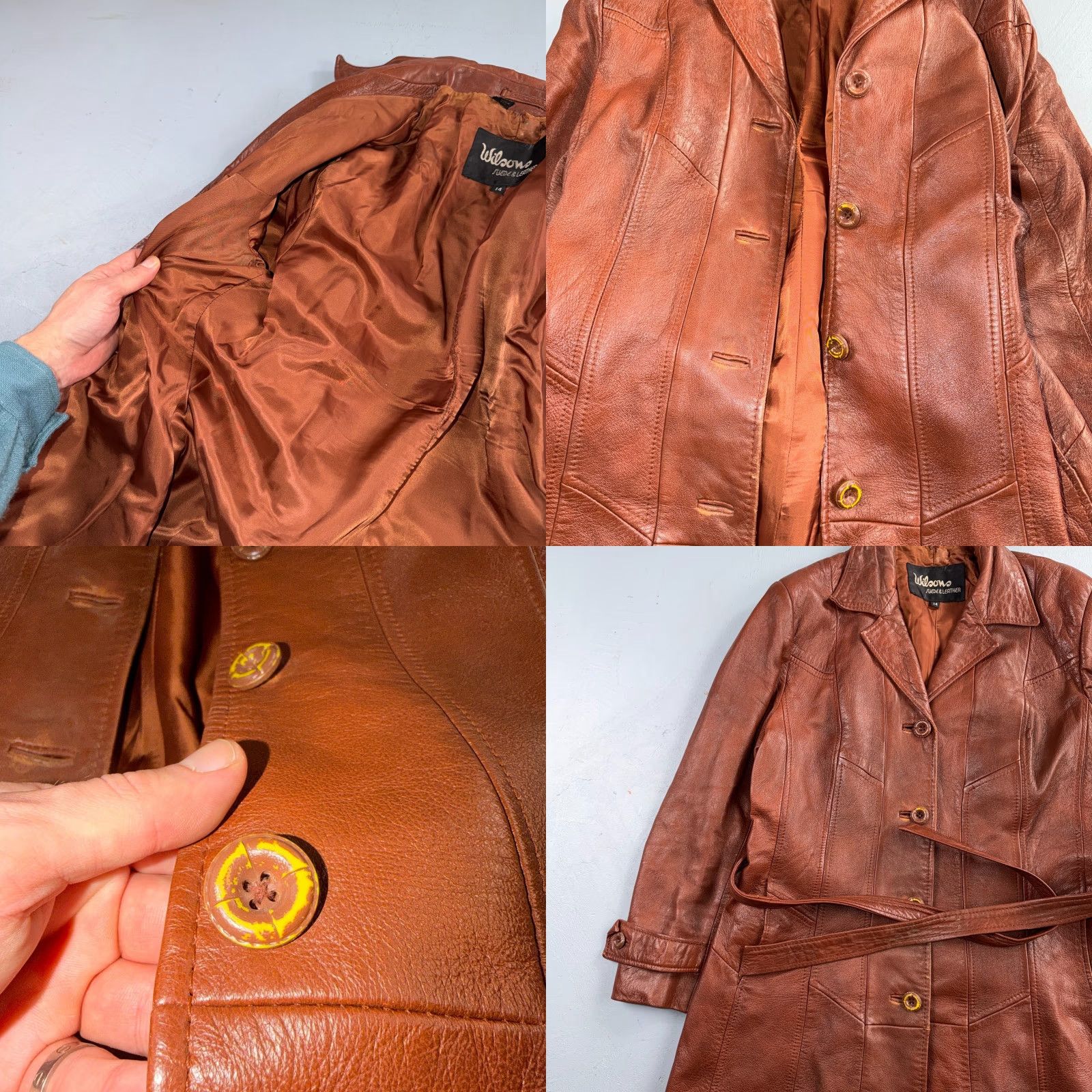 Vintage VTG Wilsons Women's Brown 100% Leather Jacket Trench Coat Car Belted 80s 90s Size XL / US 12-14 / IT 48-50 - 8 Thumbnail