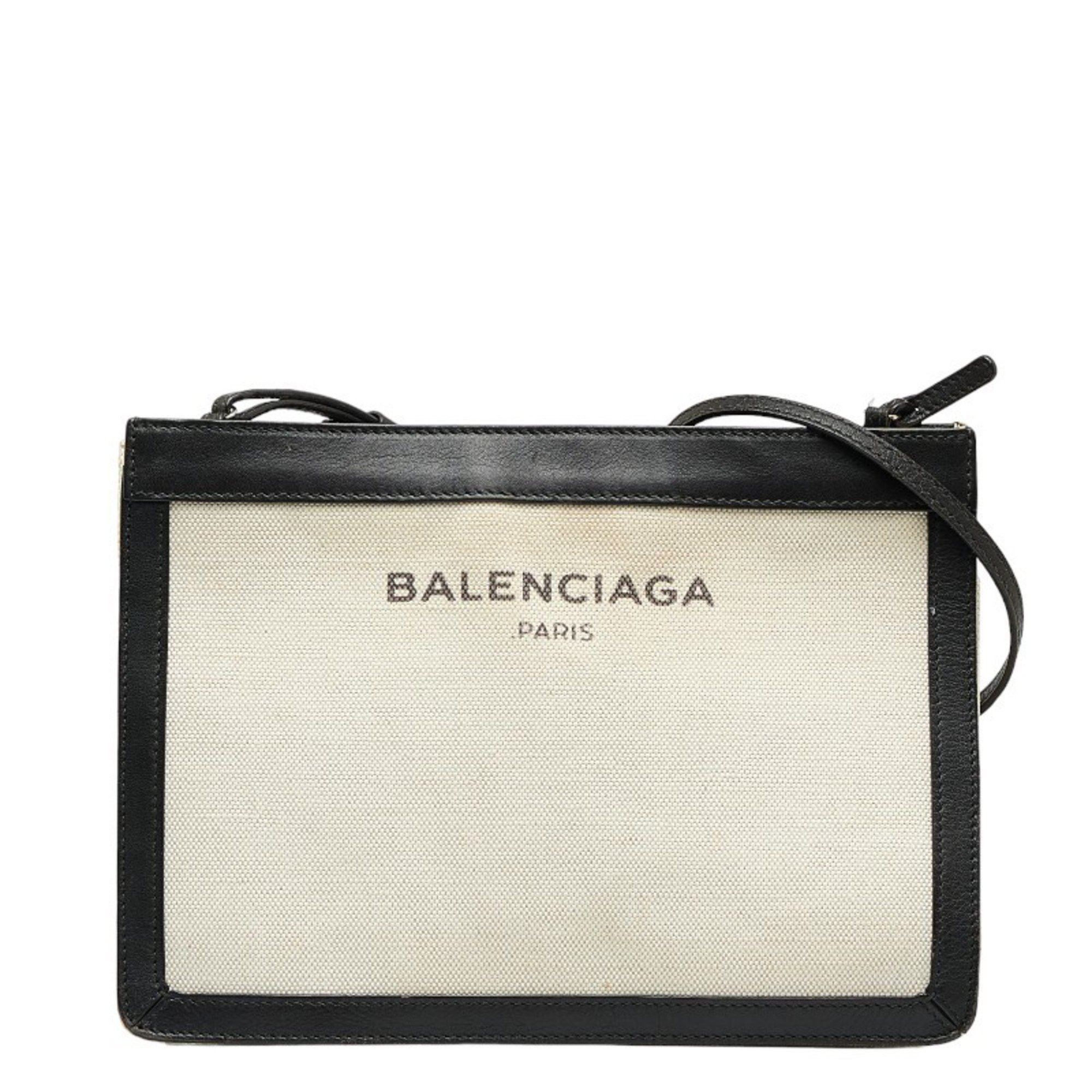 image of Balenciaga Navy Pochette Shoulder Bag 339937 White Black Canvas Leather Women's Balenciaga