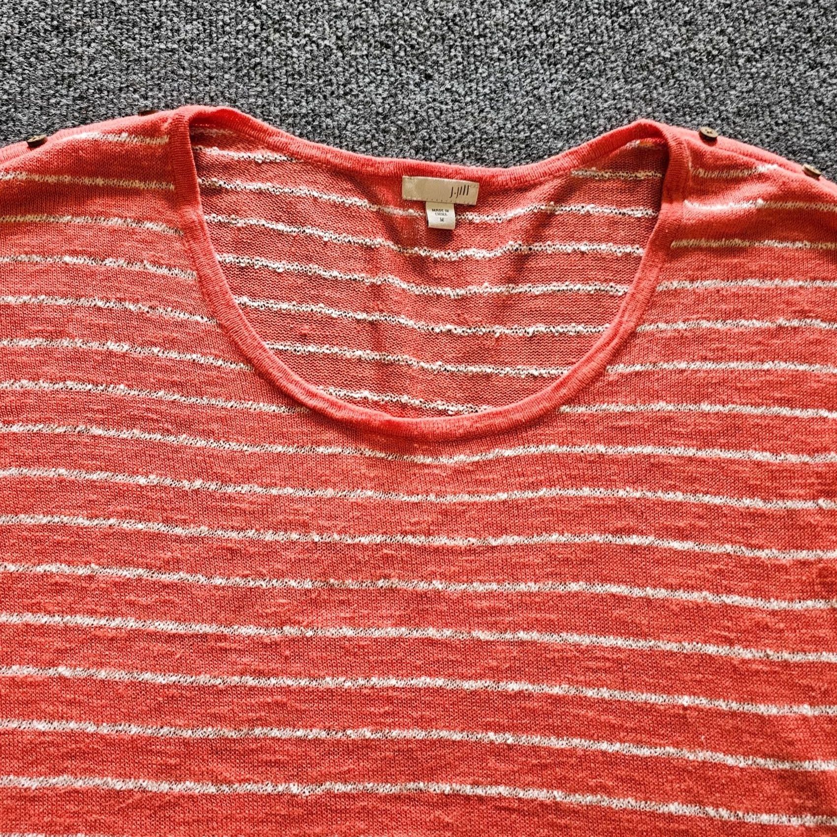 J. Jill J Jill Top Shirt Women Medium Orange Coral Striped Linen 3/4 Sleeve Casual Beach Shirt Size M / US 6-8 / IT 42-44 - 2 Thumbnail