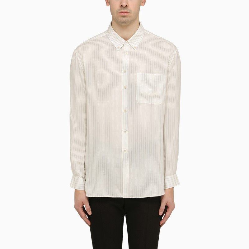 image of Saint Laurent Paris Saint Laurent Cassandre Striped Silk Shirt in Beige, Men's (Size XL)