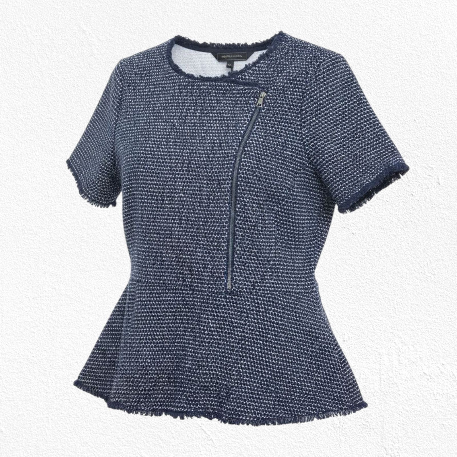Bcbgmaxazria BCBGMaxazria Navy Zip-Up Short Sleeve Fringe Sweater Small Size S / US 4 / IT 40 - 1 Thumbnail
