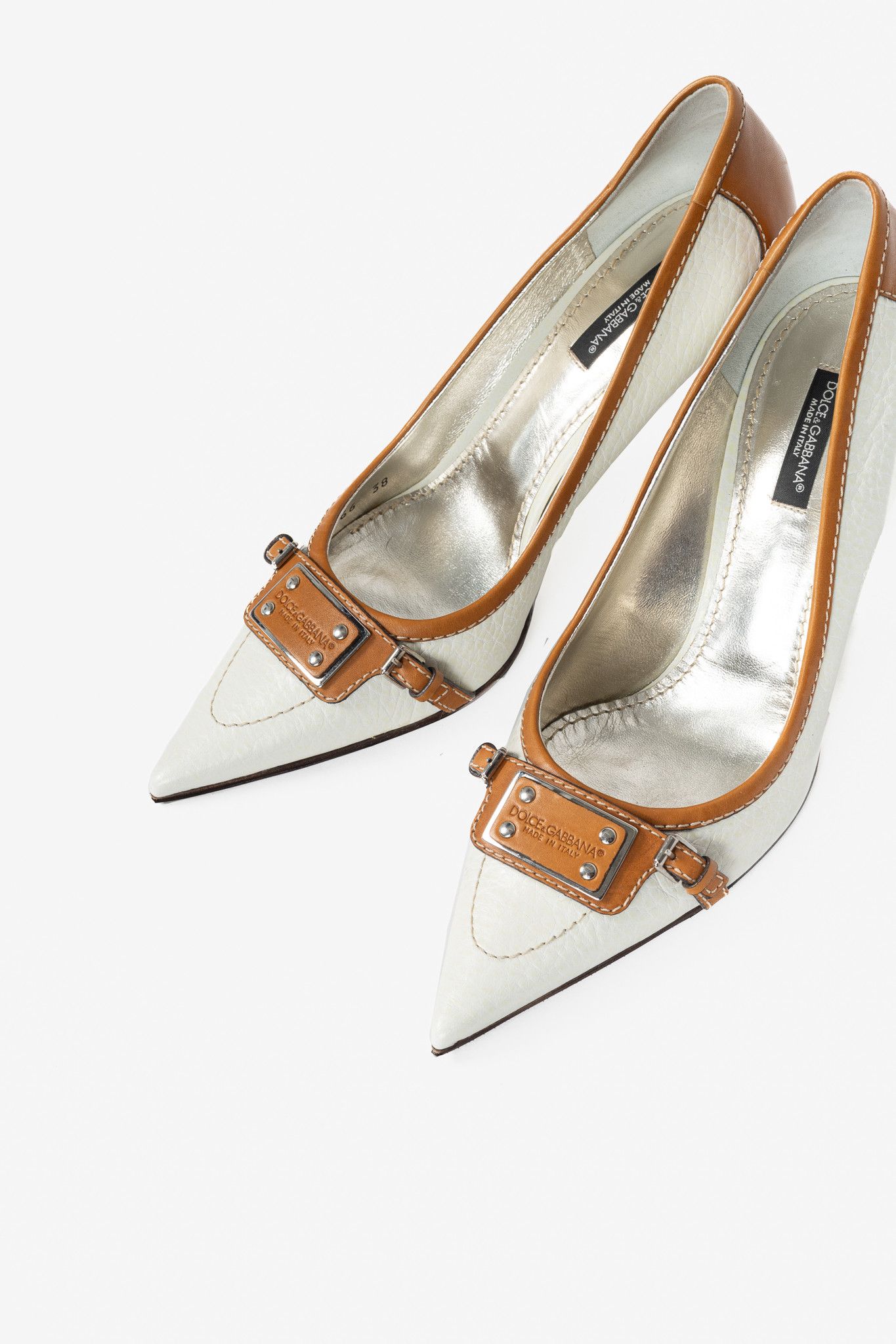 Dolce & Gabbana Dolce & Gabbana White & Cognac Logo-Plate Pumps Size US 7.5 / IT 37.5 - 6 Thumbnail