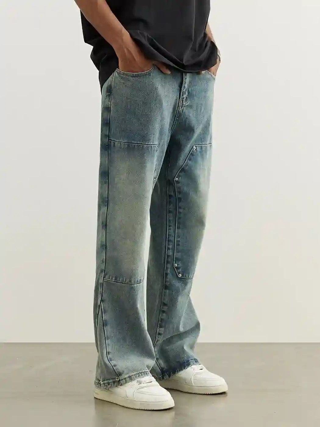 distressed double knee carpenter flared jeans
