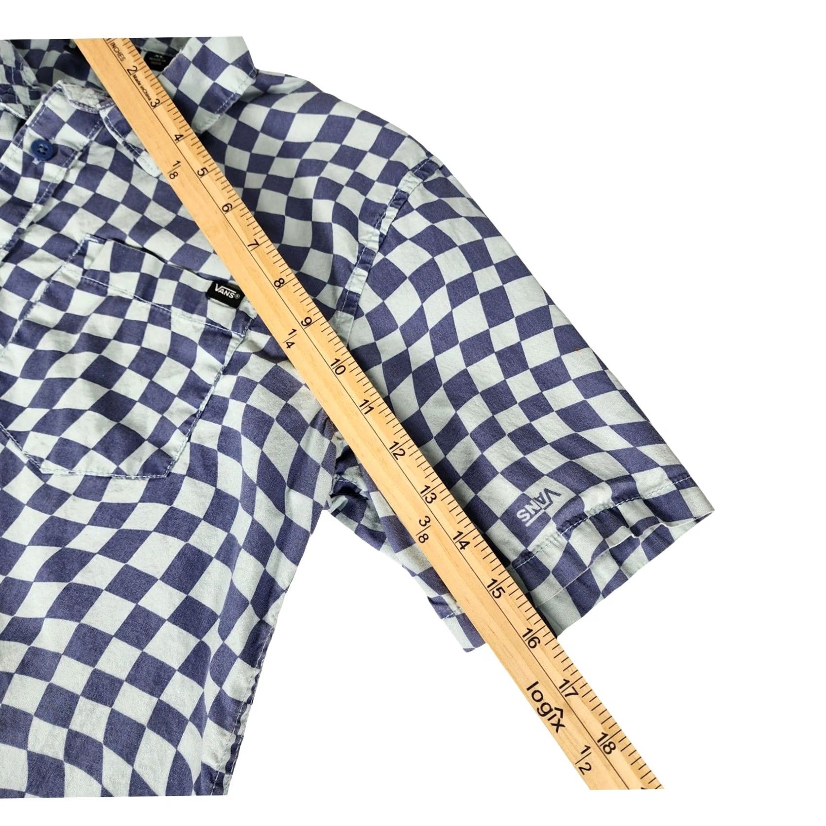 Vans VANS Warped Checkerboard Short Sleeve Button Down Shirt Blue Cotton Shirt Mens XL Blue Checkerboard Warped Pattern Casual Beach Summer Size US XL / EU 56 / 4 - 6 Thumbnail
