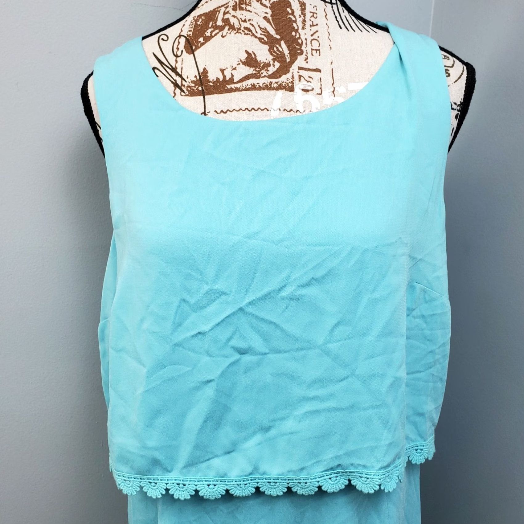 Vintage Kensie Womens Blue Sleeveless Round Neck Fringed Lace Trim Sheath Dress L (Long) - XS? Size L / US 10 / IT 46 - 7 Thumbnail