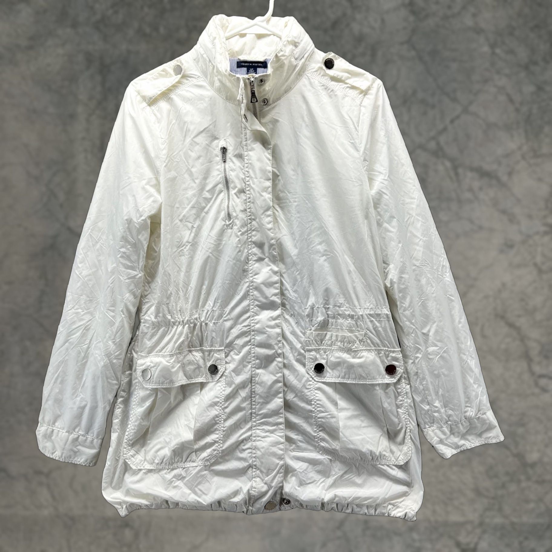 Tommy Hilfiger Tommy Hilfiger Rain Coat Womens Small White Hooded Nylon Zip Windbreaker Jacket Size S / US 4 / IT 40 - 1 Thumbnail