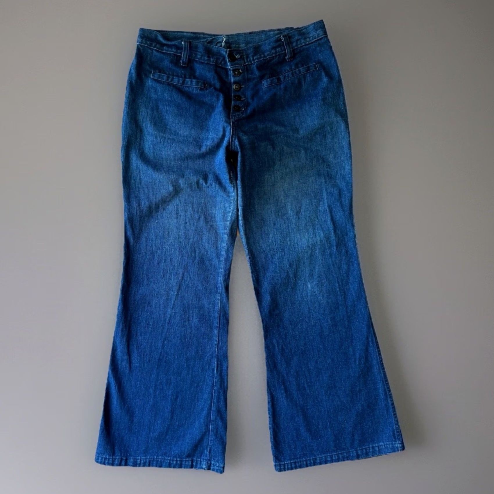 Vintage VINTAGE Navy Flare Pants 31 Blue Dark Wash 70s Military Seafarer Button Fly USA Size 24" / US 00 / IT 34 - 2 Thumbnail
