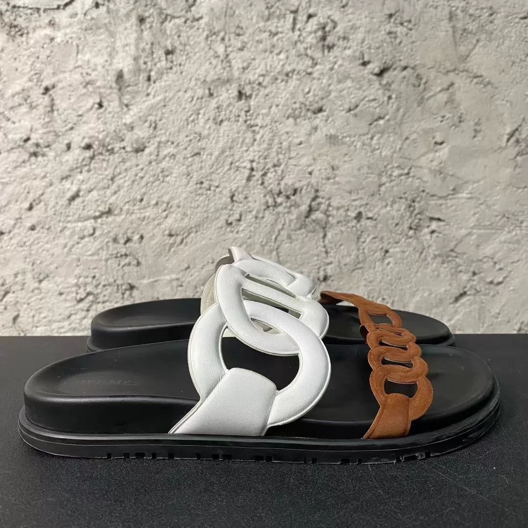 Hermes Hermes White Brown Pig Nose Chain Slides Size US 32 / EU 48 - 2 Thumbnail