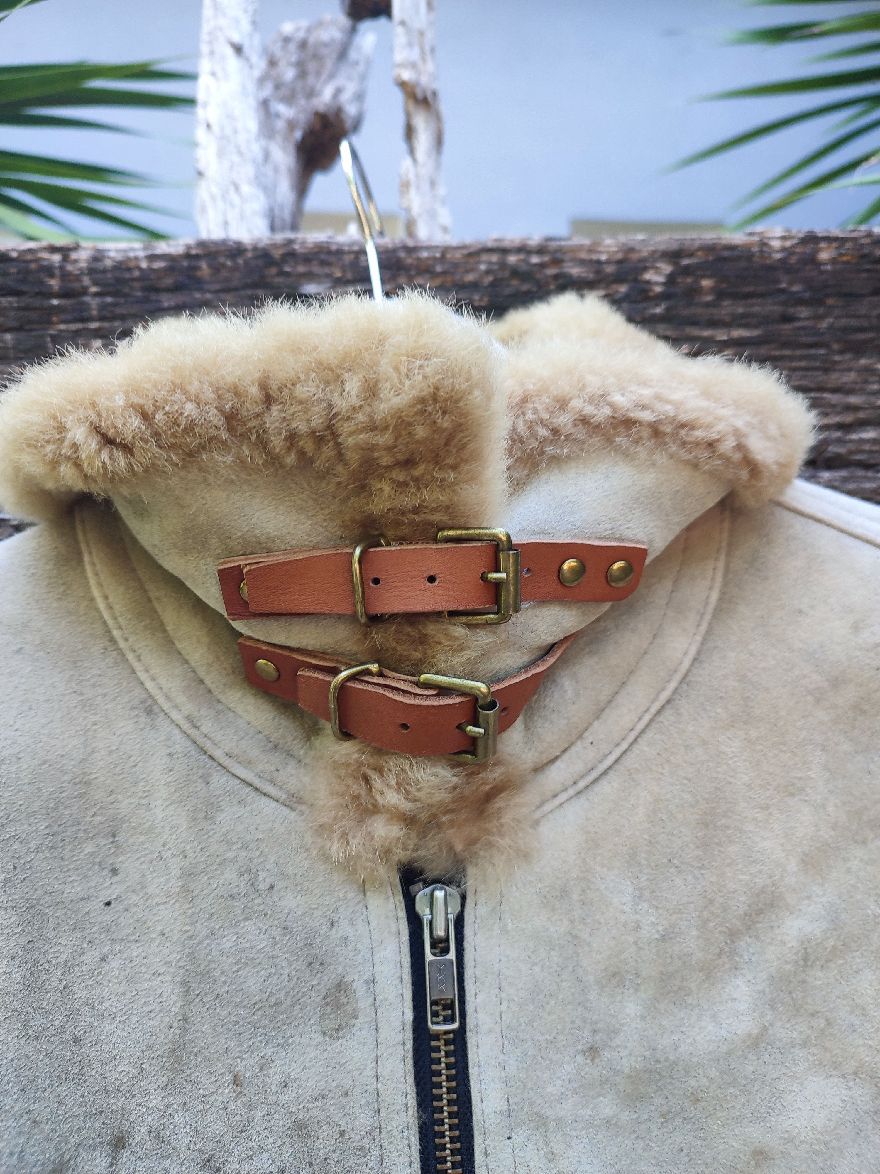 Designer Vintage Shearling Aviator Jacket – Distressed Beige Leather Size US M / EU 48-50 / 2 - 2 Thumbnail