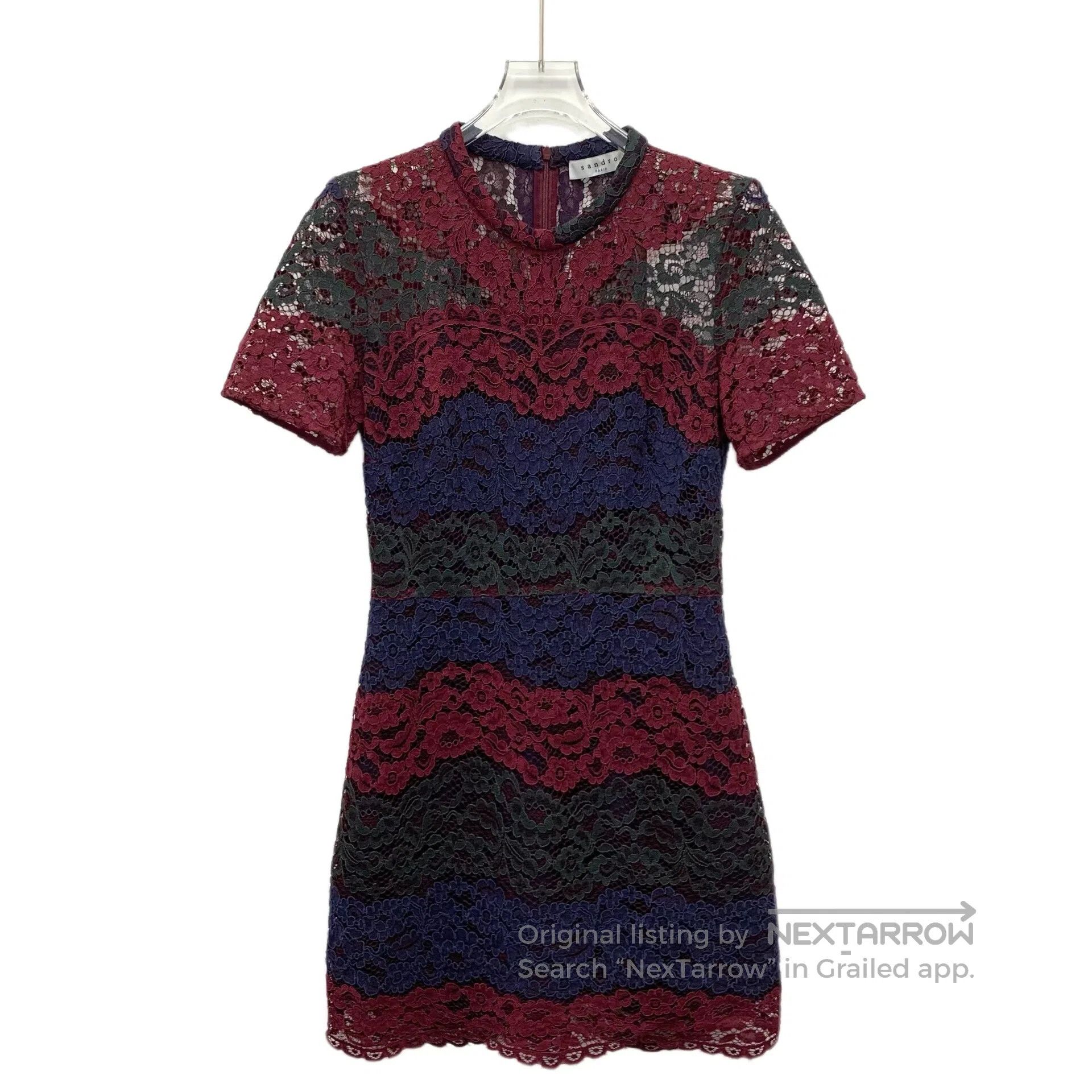 Sandro SANDRO Burgundy floral openwork embroidery round neck shor Size S / US 4 / IT 40 - 1 Thumbnail
