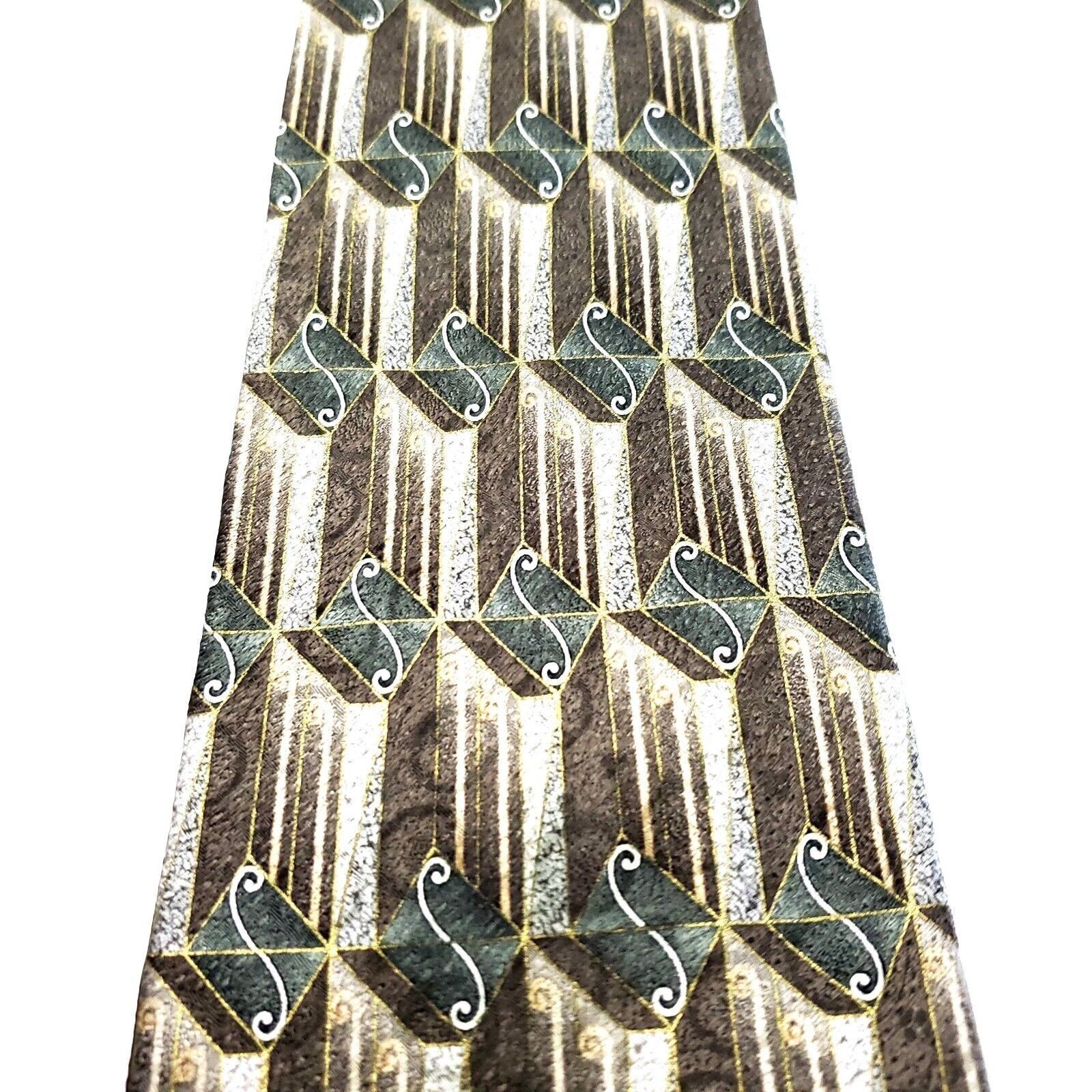 Stafford Stafford Executive Silk Tie Brown Green Geometric Print Wide Size ONE SIZE - 2 Thumbnail