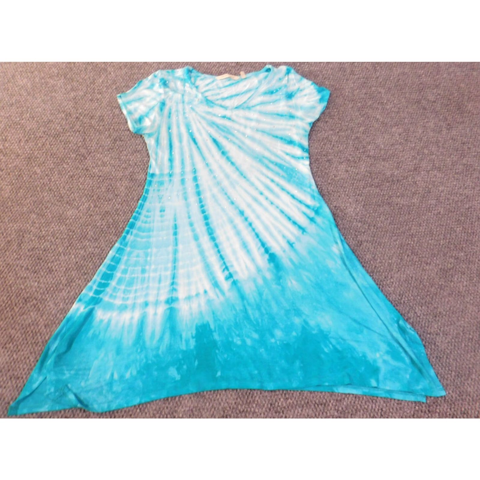 Soft Surroundings Soft Surroundings Dress XS Womens Blue Geometric V-Neck Short Sleeve Knit Raglan Stretch Viscose Spandex Knee Length A-Line Casual Winter Womens Size XS / US 0-2 / IT 36-38 - 2 Thumbnail