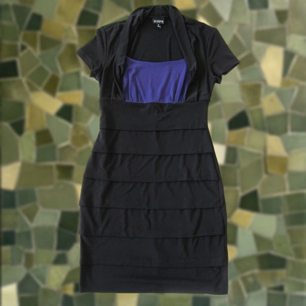 Vintage VINTAGE En Focus Studio Black Purple Stretch Pleated Short Sleeve A-Line Shift Dress 6 Size 28" / US 6 / IT 42 - 1 Thumbnail