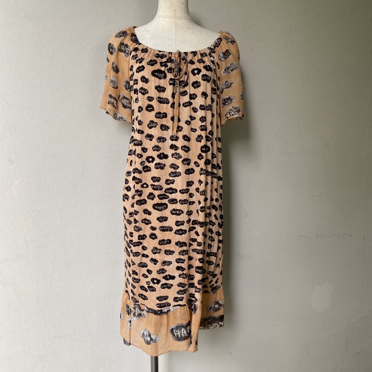 Tsumori Chisato Tsumori Chisato Beige Printed Dress Puff Sleeves Tie Neck Size XS / US 0-2 / IT 36-38 - 1 Thumbnail