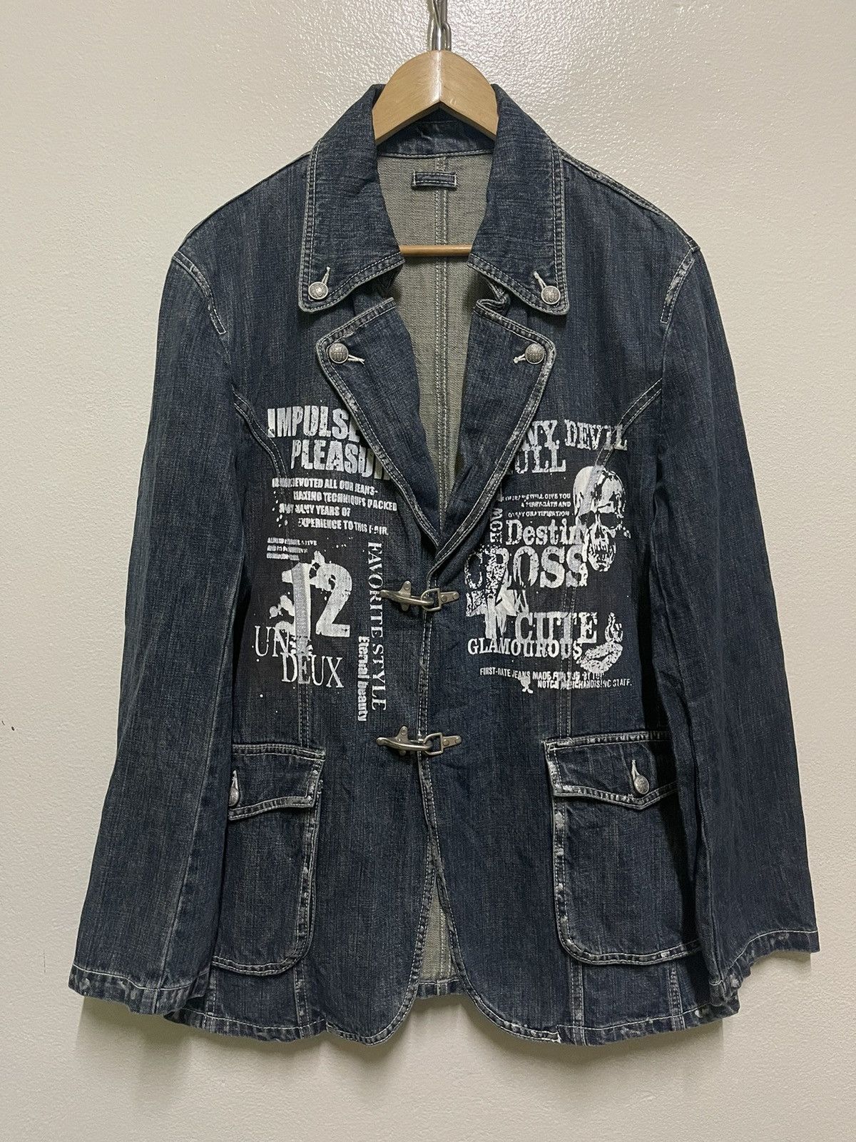image of Seditionaries Funky Devil Skull Printed Denim Jacket Blazer in Blue, Men's (Size XL)