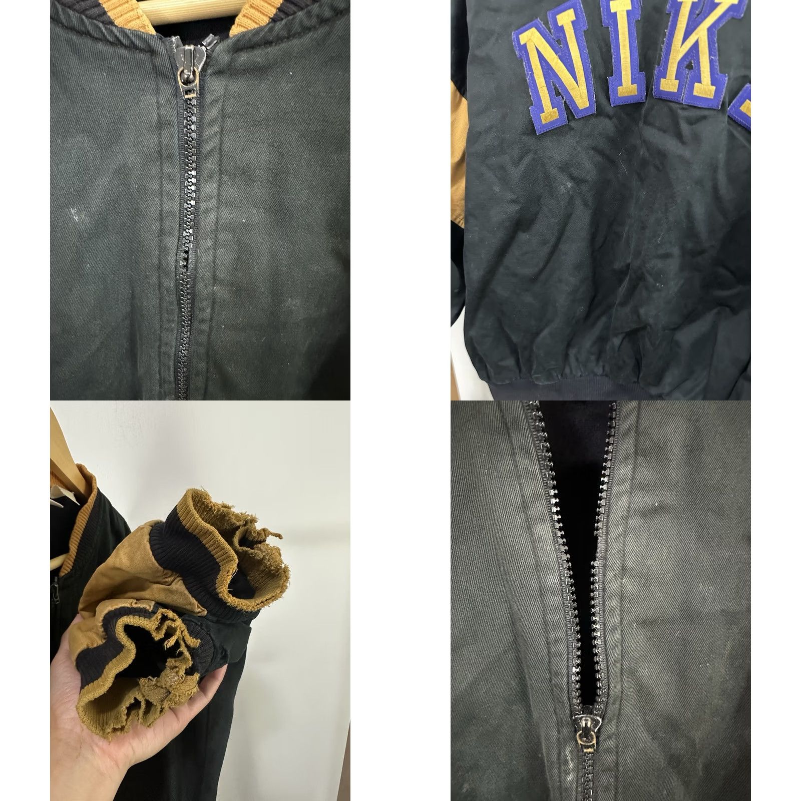 Nike VTG Nike Block Spellout Black Gold Varsity Bomber Jacket XL Mens Distressed 80s Style Size US XL / EU 56 / 4 - 8 Thumbnail