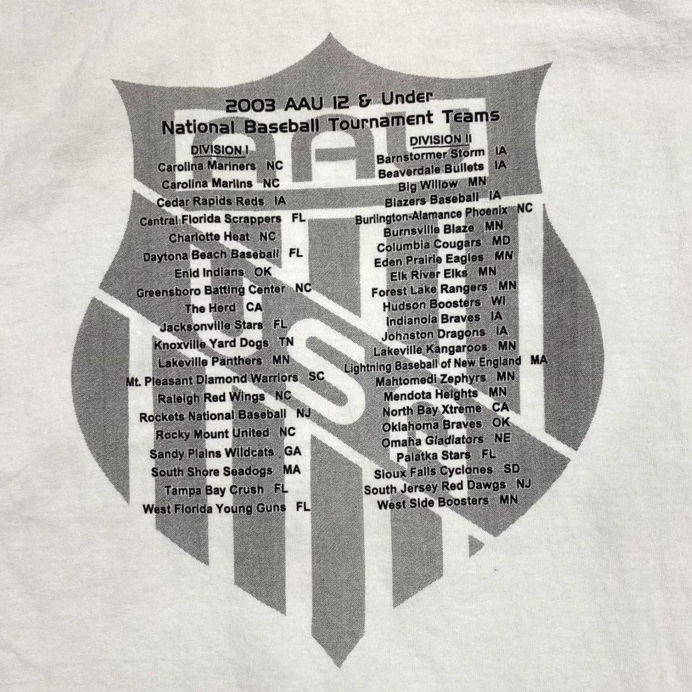 Gildan Vintage AAU Baseball (2003) “National Championships” College Graphic T-Shirt XL White Mens Size US XL / EU 56 / 4 - 3 Thumbnail