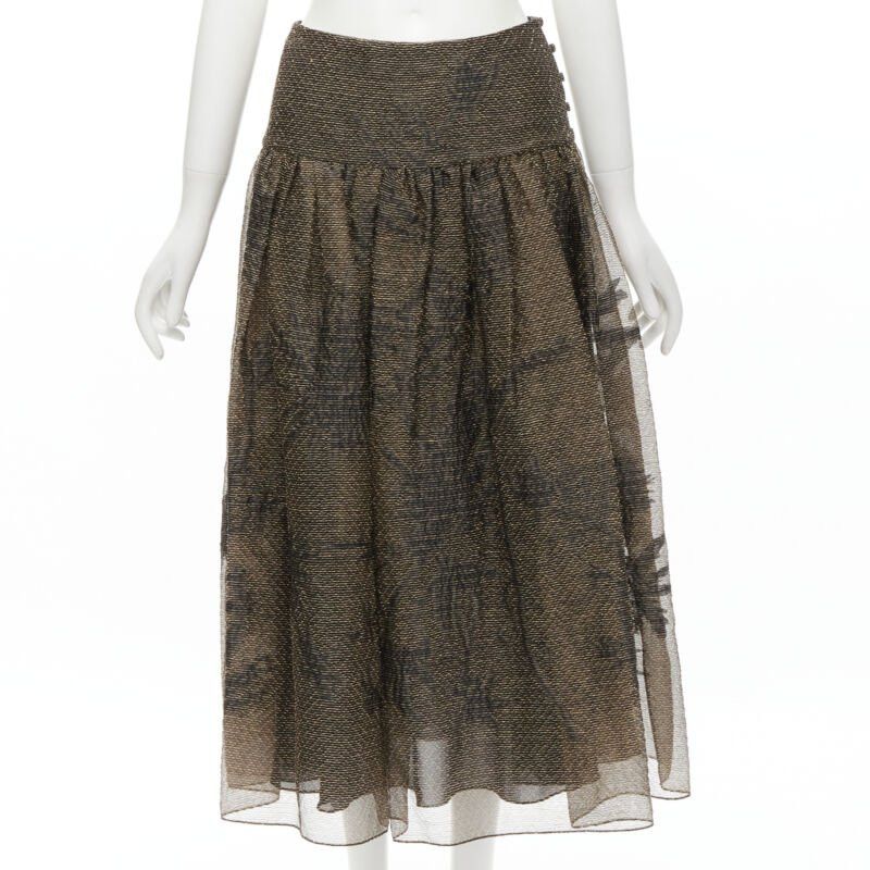 Dior CHRISTIAN DIOR 2021 linen silk gold black leaf pattern faille full skirt FR36 XS Size 27" / US 4 / IT 40 - 1 Thumbnail