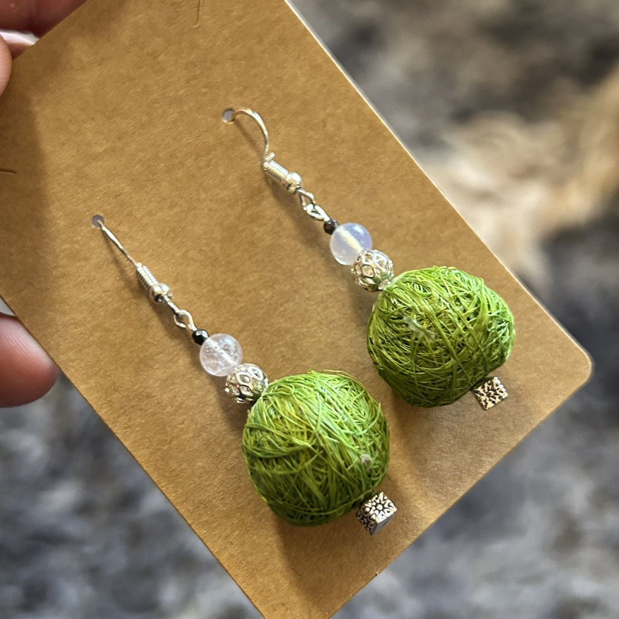 Handmade Handcrafted natural raffia bead opalite glass earrings Size ONE SIZE - 1 Thumbnail