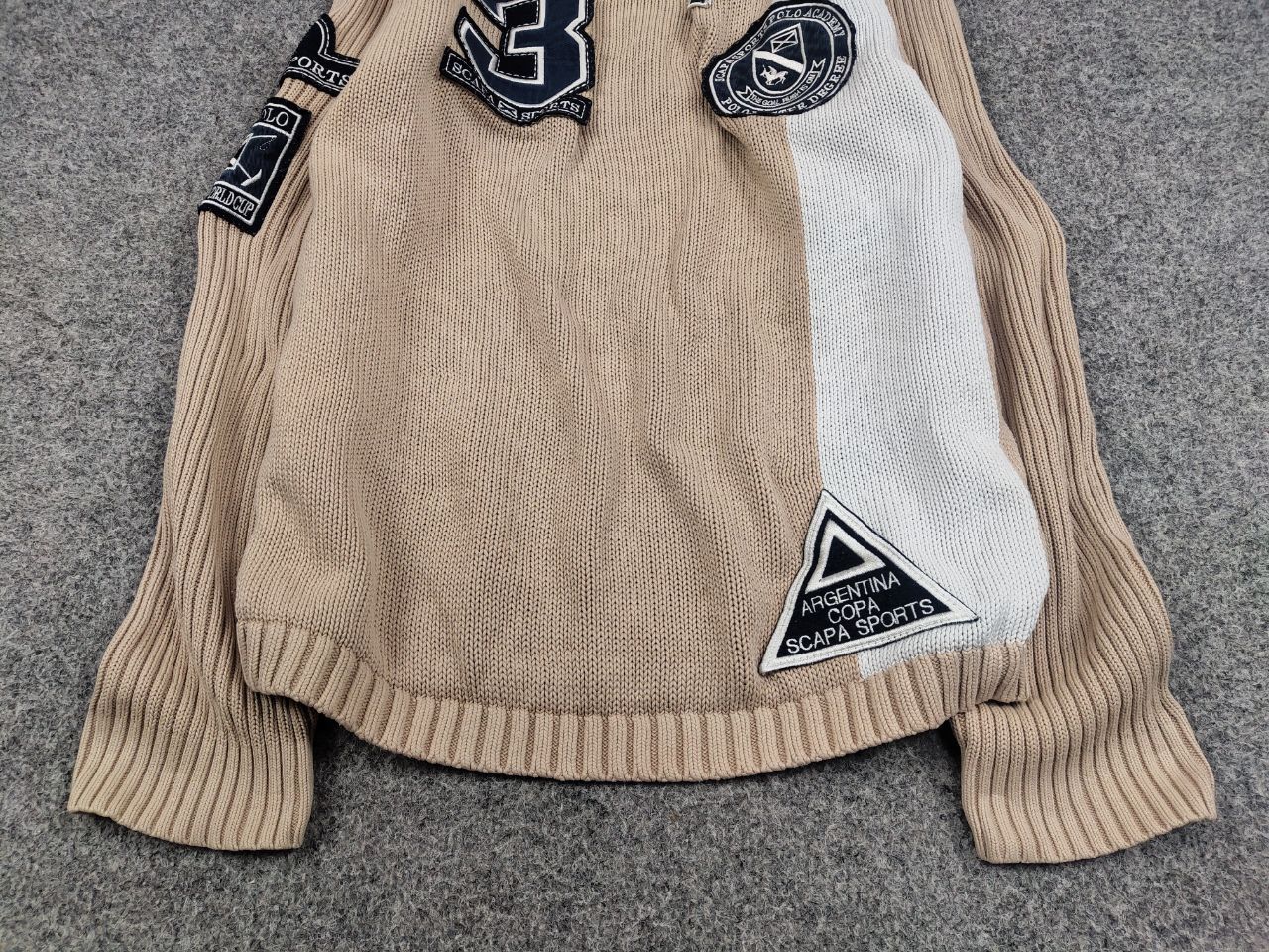Japanese Brand Vintage 90's Polo Skarpa Sports Knit beige Patchwork Sweater Size US L / EU 52-54 / 3 - 4 Thumbnail
