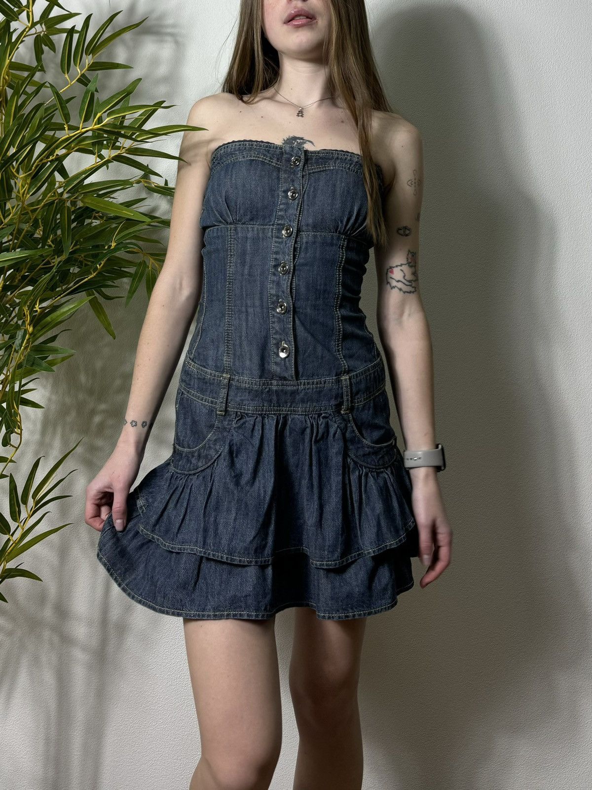 Vintage VINTAGE DENIM MINI OFF SHOULDERS PLEATED DRESS Size XS / US 0-2 / IT 36-38 - 1 Thumbnail